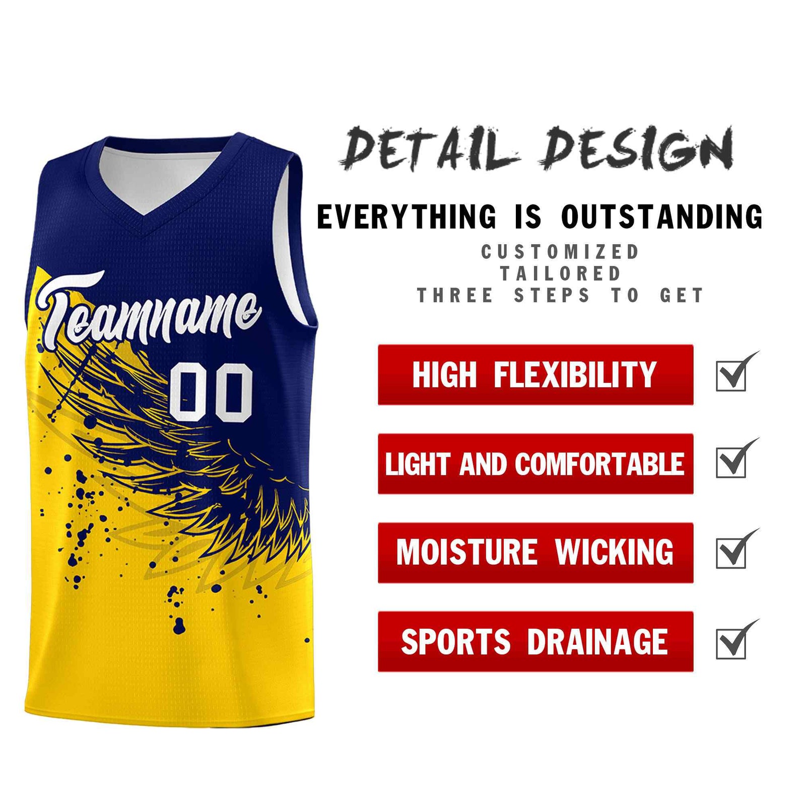 Custom Gold Navy Wing Pattern Sports Uniform Basketball Jersey