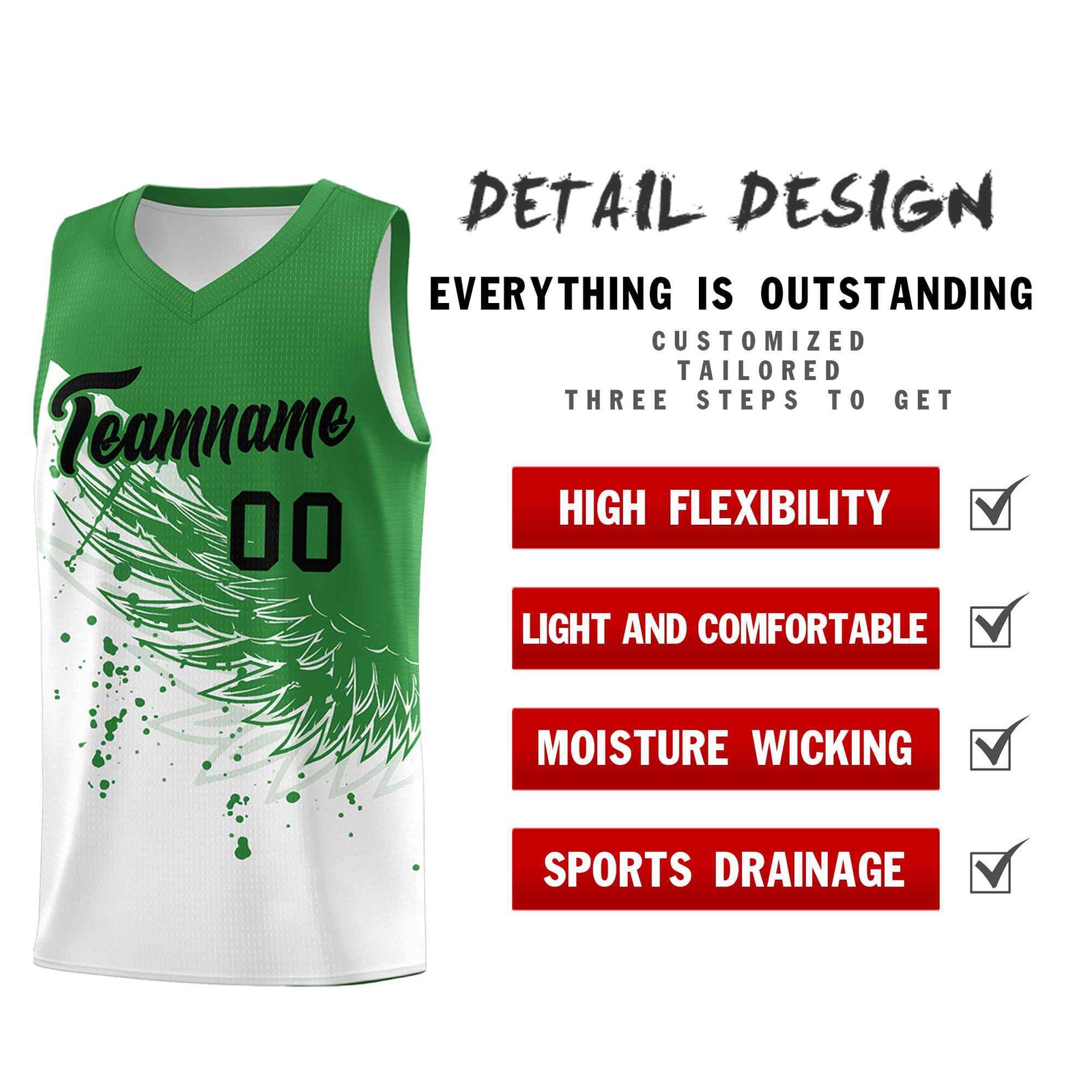 Custom White Kelly Green Wing Pattern Sports Uniform Basketball Jersey