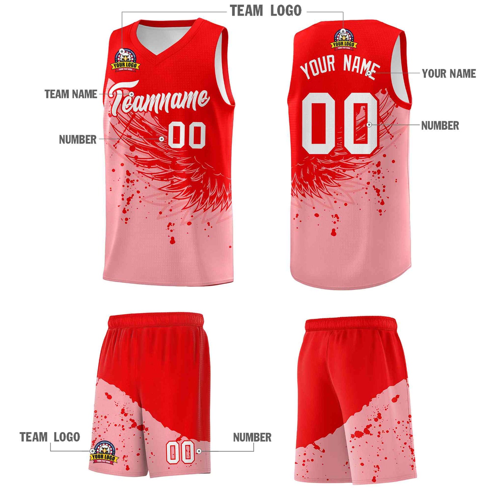 Custom Light Pink Light Red Wing Pattern Sports Uniform Basketball Jersey
