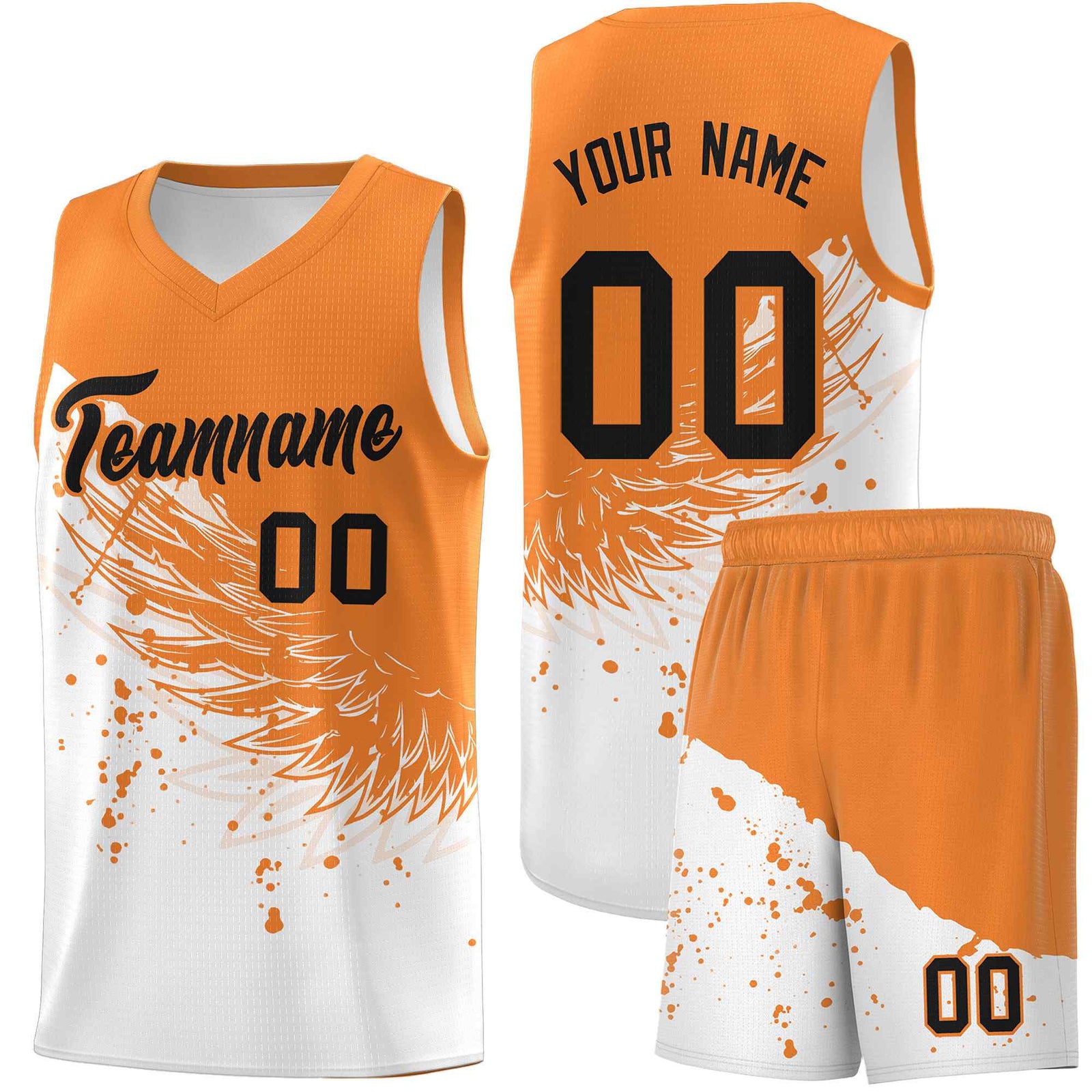 Custom White Gold Orange Wing Pattern Sports Uniform Basketball Jersey