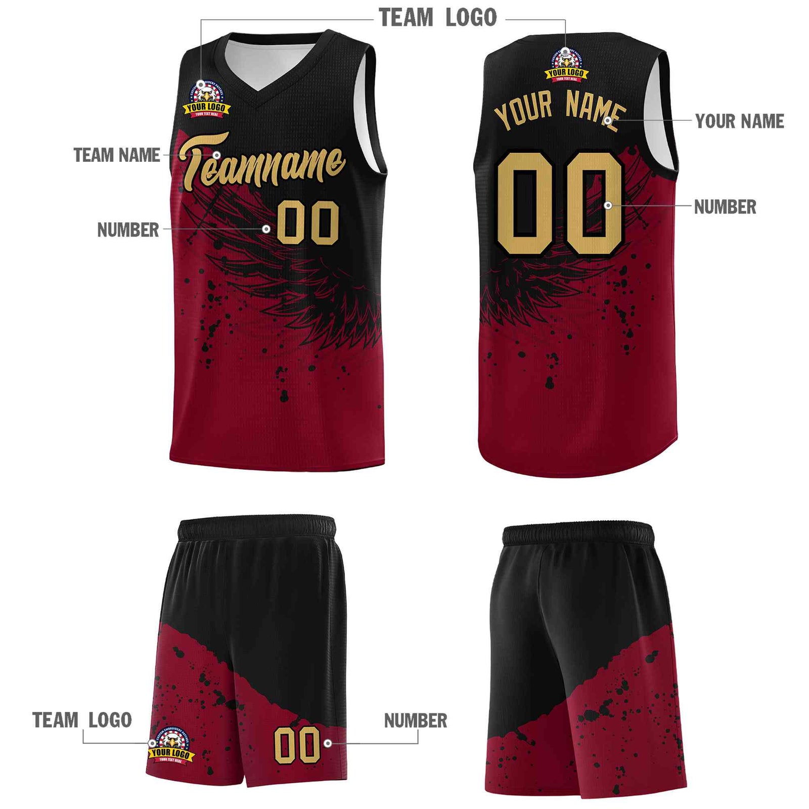 Custom Crimson Black Wing Pattern Sports Uniform Basketball Jersey