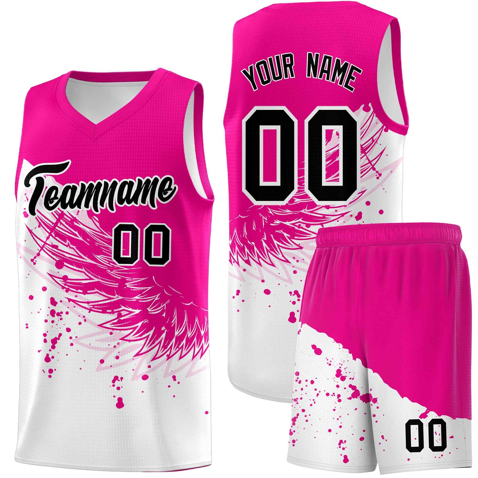 Custom White Pink Wing Pattern Sports Uniform Basketball Jersey