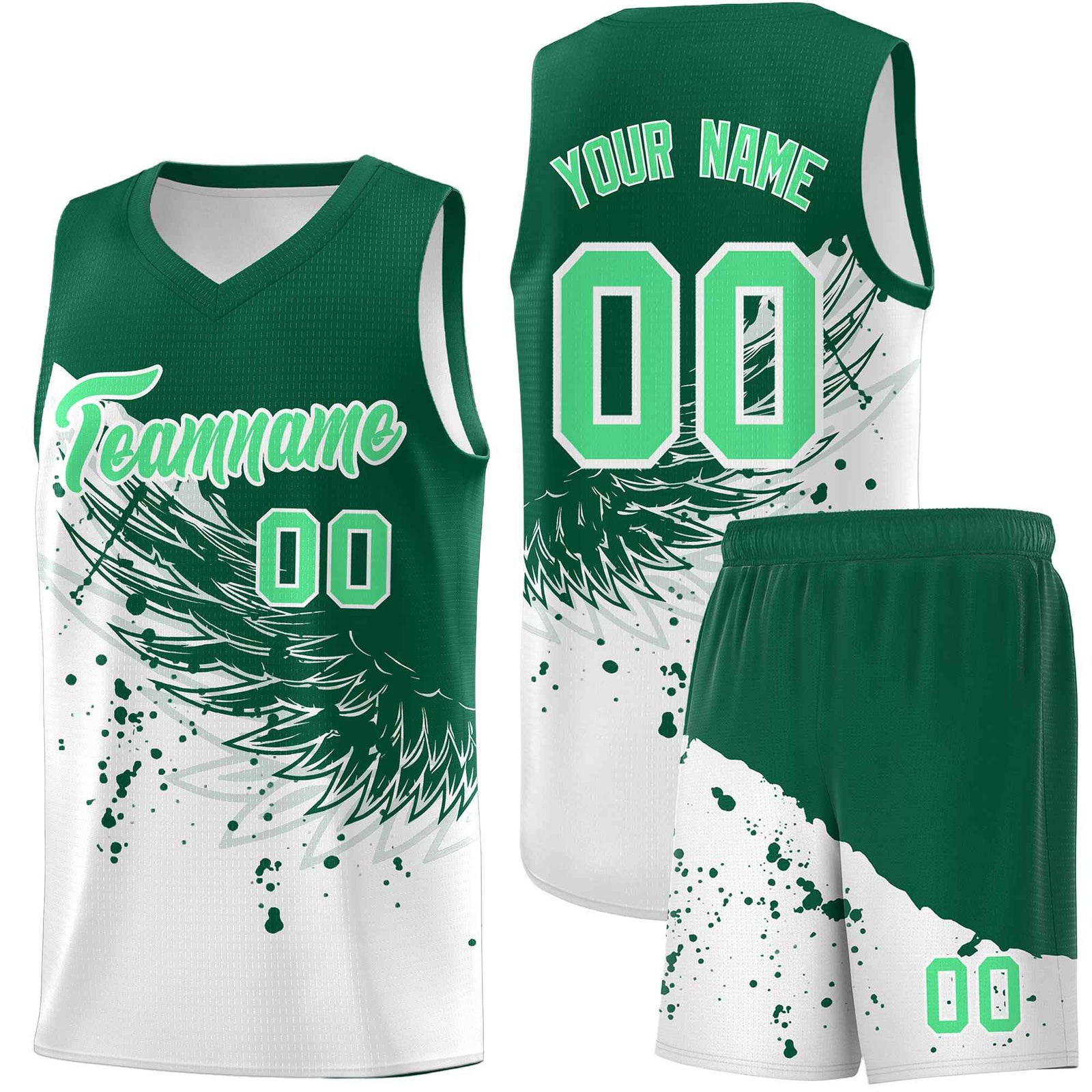 Custom White Kelly Green Wing Pattern Sports Uniform Basketball Jersey