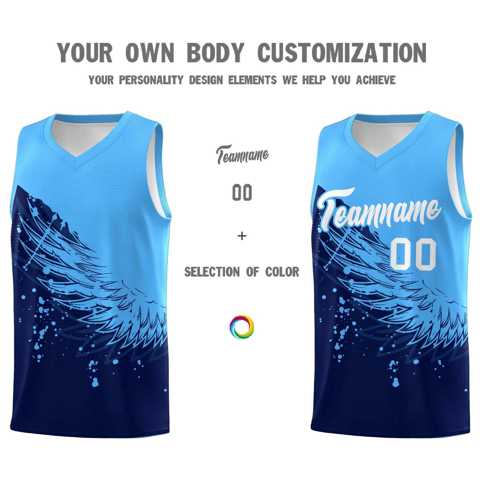 Custom Navy Powder Blue Wing Pattern Sports Uniform Basketball Jersey