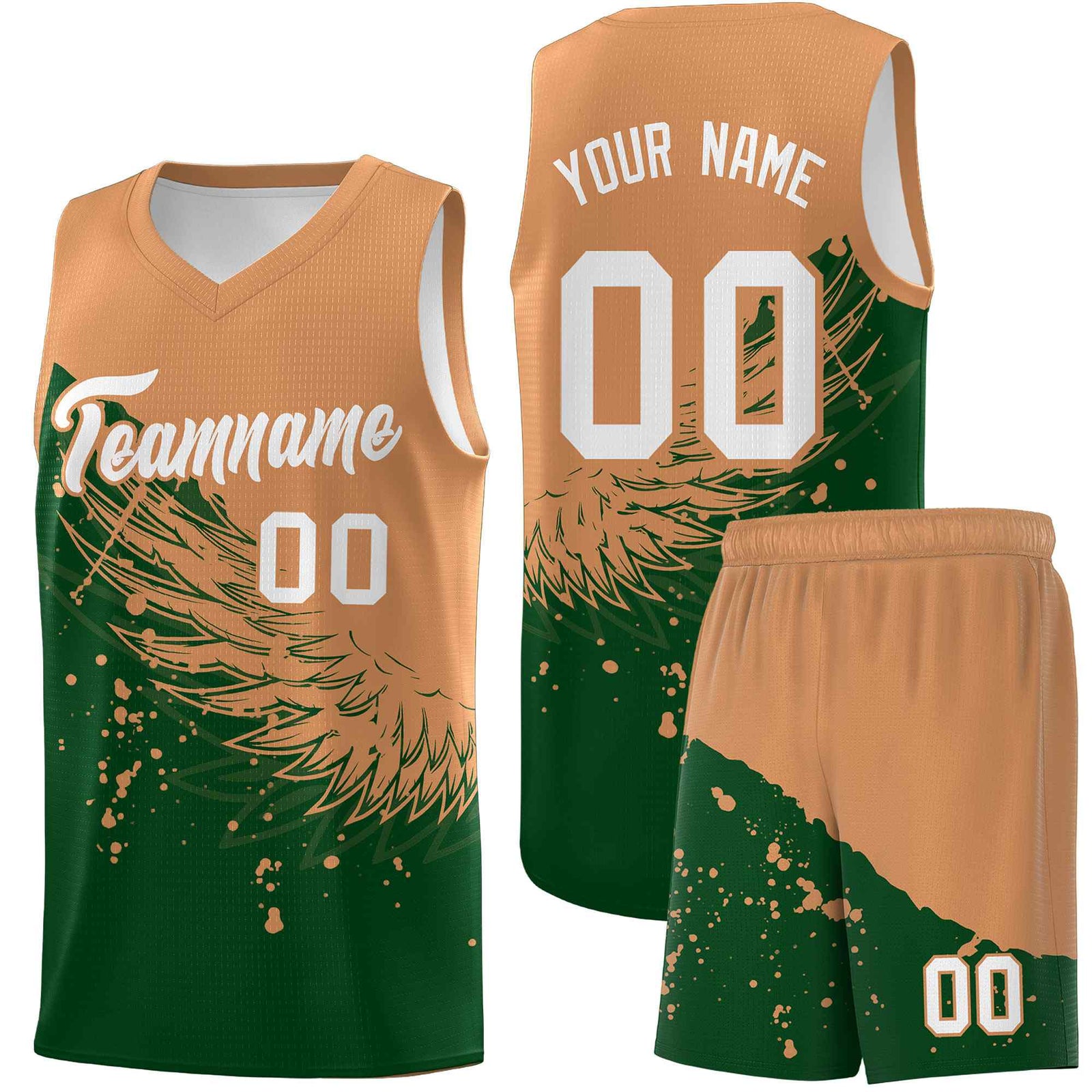Custom Green Buckskin Brown Wing Pattern Sports Uniform Basketball Jersey