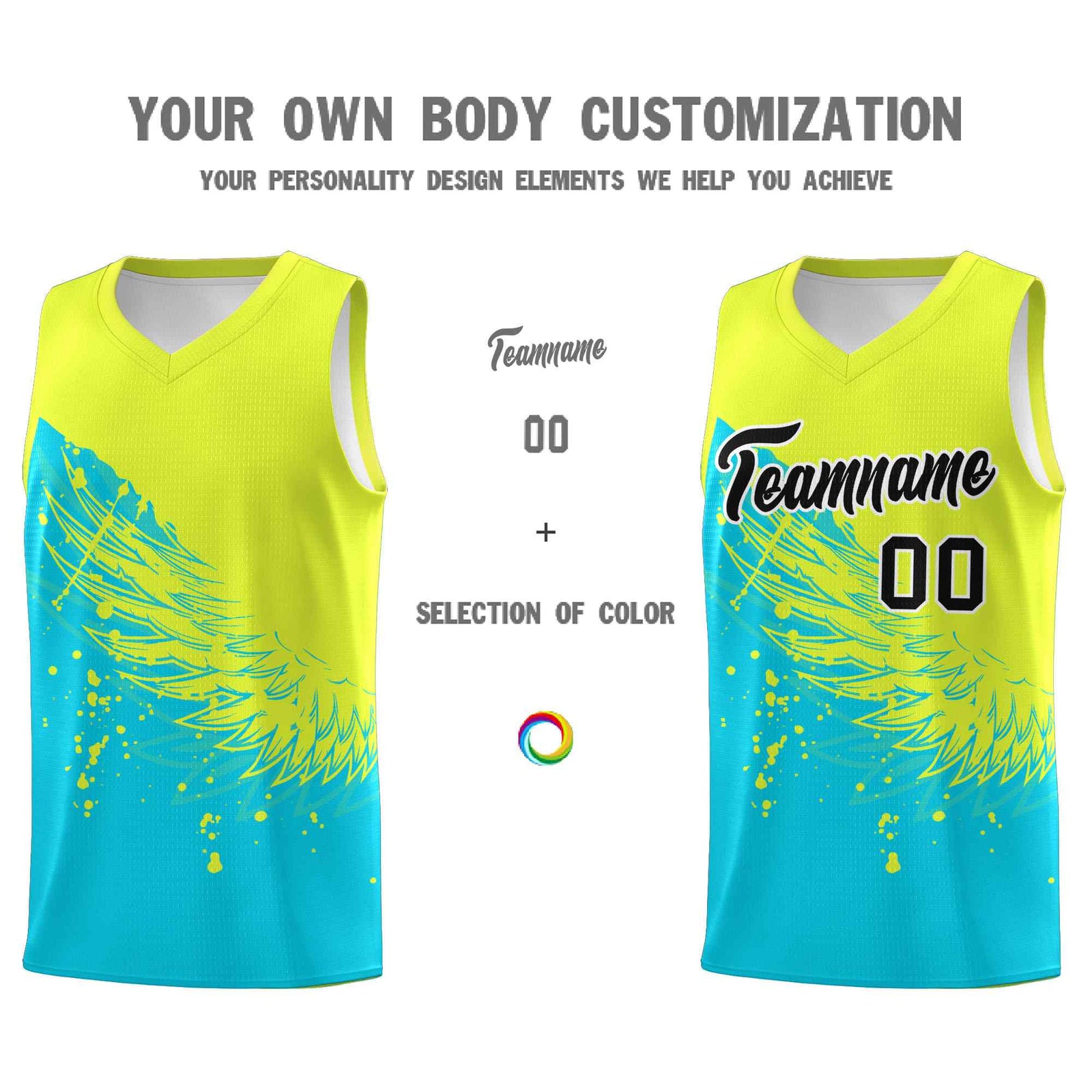 Custom Sky Blue Fluorescent Green Wing Pattern Sports Uniform Basketball Jersey