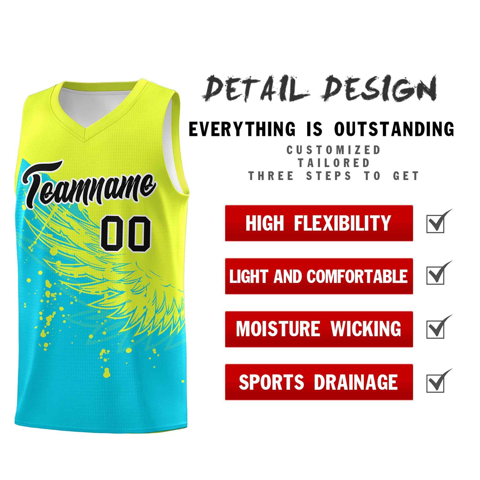 Custom Sky Blue Fluorescent Green Wing Pattern Sports Uniform Basketball Jersey