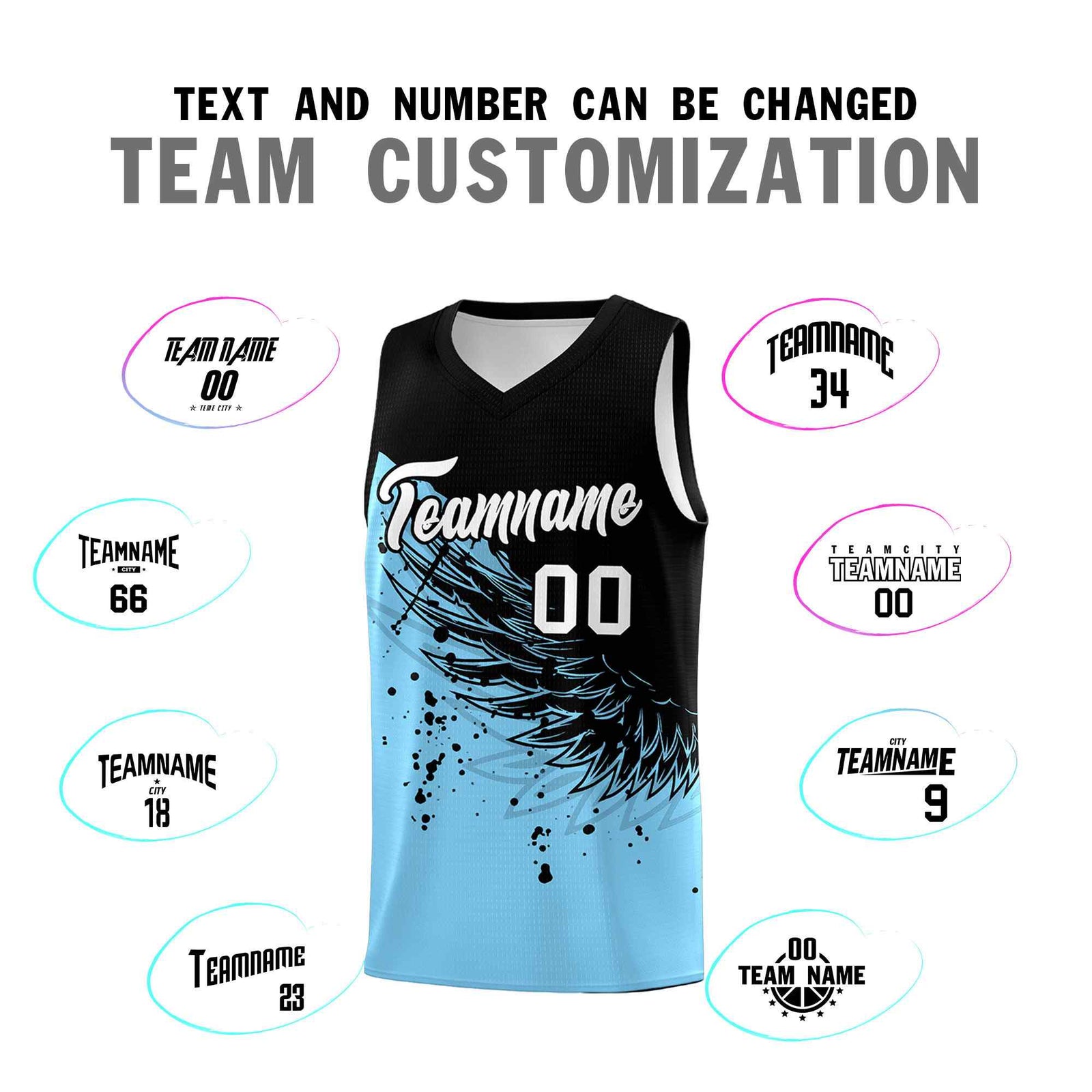 Custom Light Blue Black Wing Pattern Sports Uniform Basketball Jersey