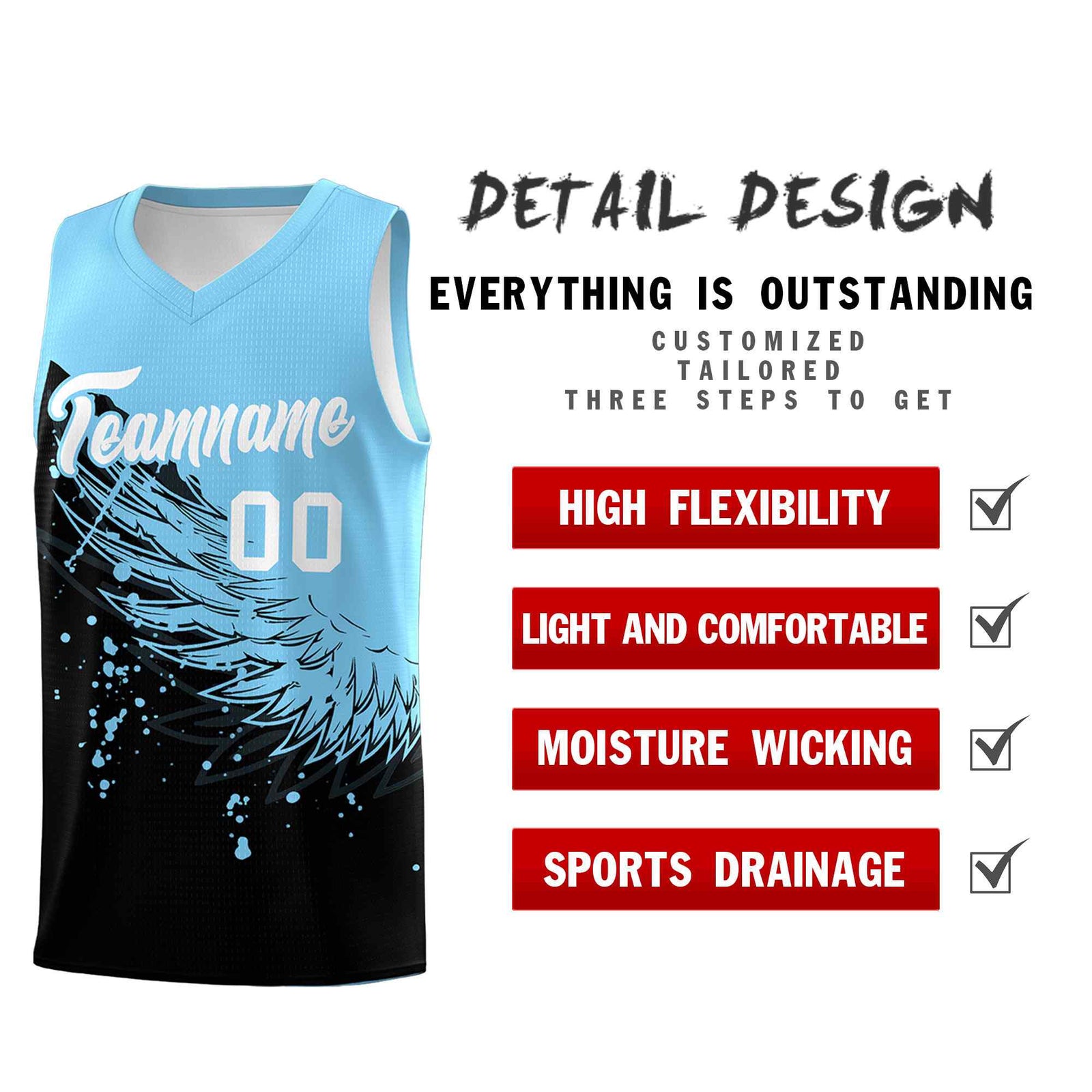 Custom Black Light Blue Wing Pattern Sports Uniform Basketball Jersey