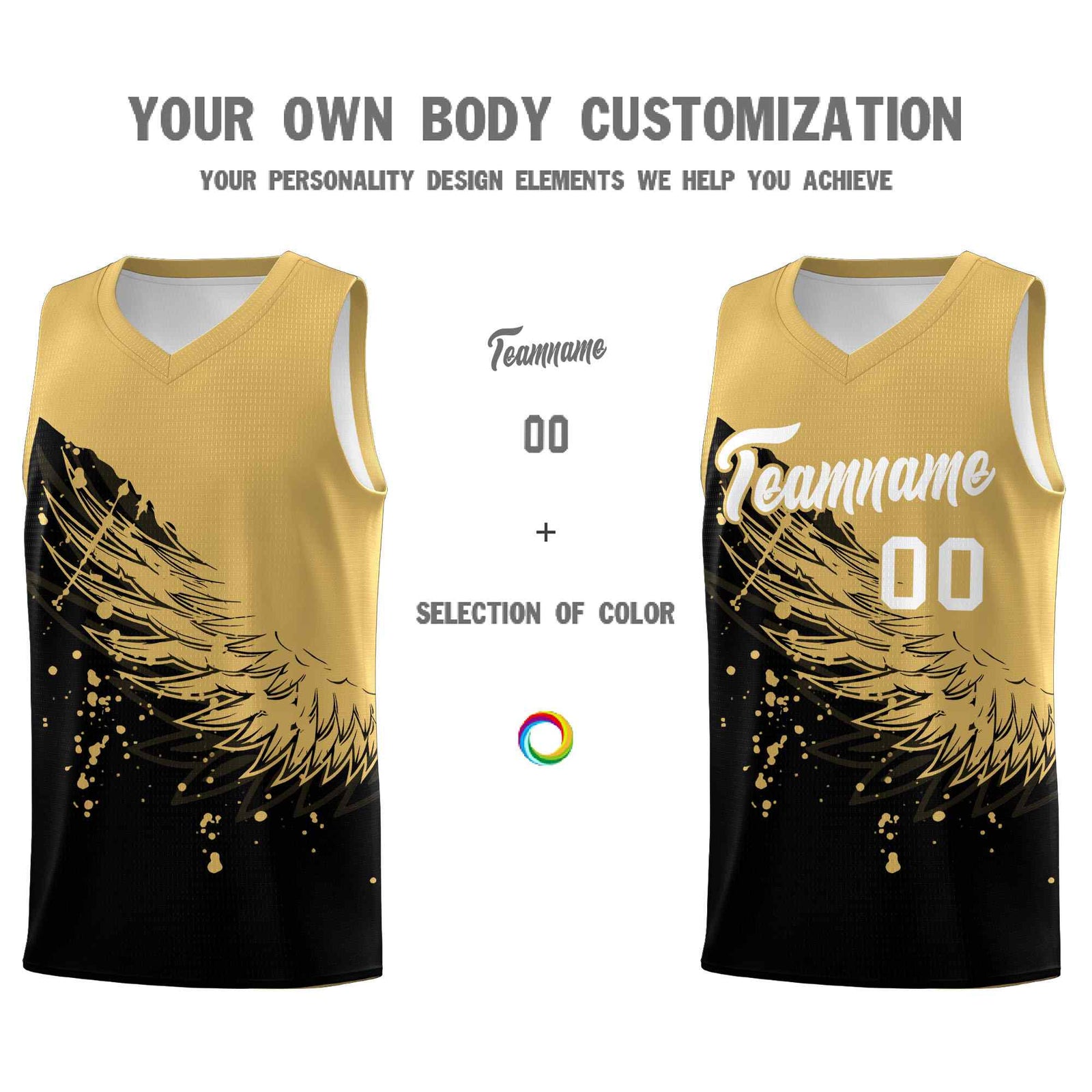 Custom Black Old Gold Wing Pattern Sports Uniform Basketball Jersey