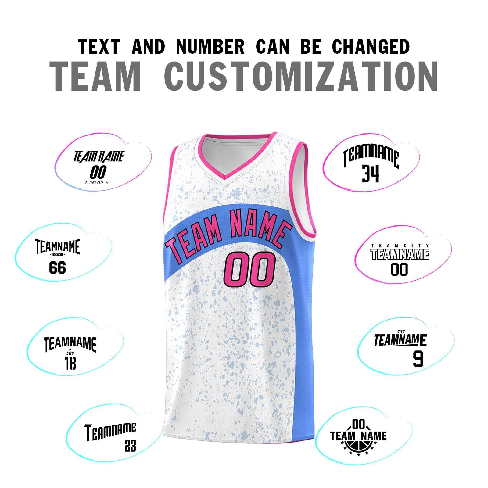 Custom White Powder Blue Dot Graffiti Pattern Irregular Team Names Sports Uniform Basketball Jersey
