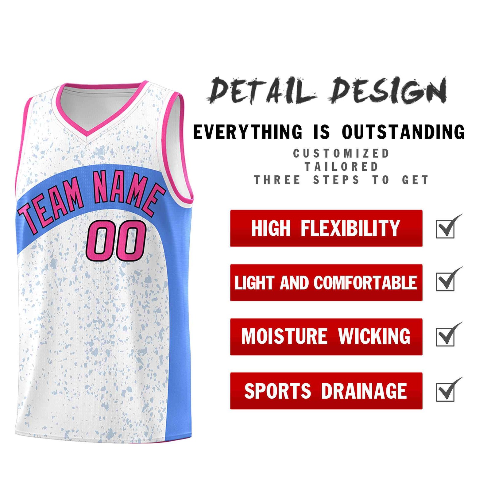 Custom White Powder Blue Dot Graffiti Pattern Irregular Team Names Sports Uniform Basketball Jersey