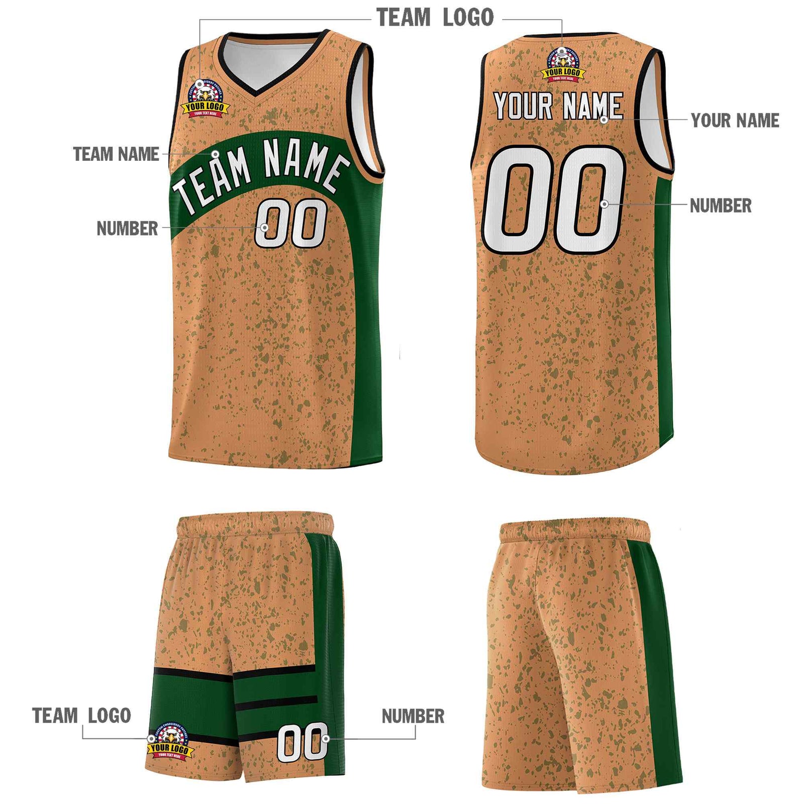 Custom Buckskin Brown Green Dot Graffiti Pattern Irregular Team Names Sports Uniform Basketball Jersey