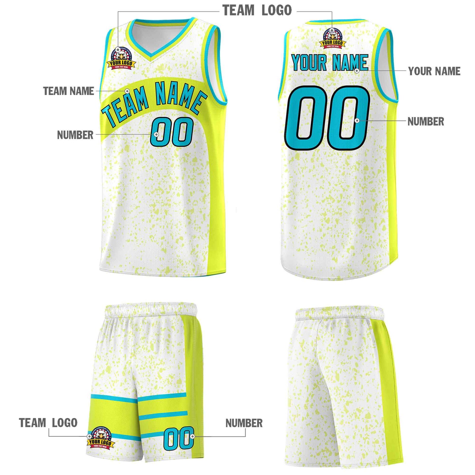 Custom White Fluorescent Green Dot Graffiti Pattern Irregular Team Names Sports Uniform Basketball Jersey