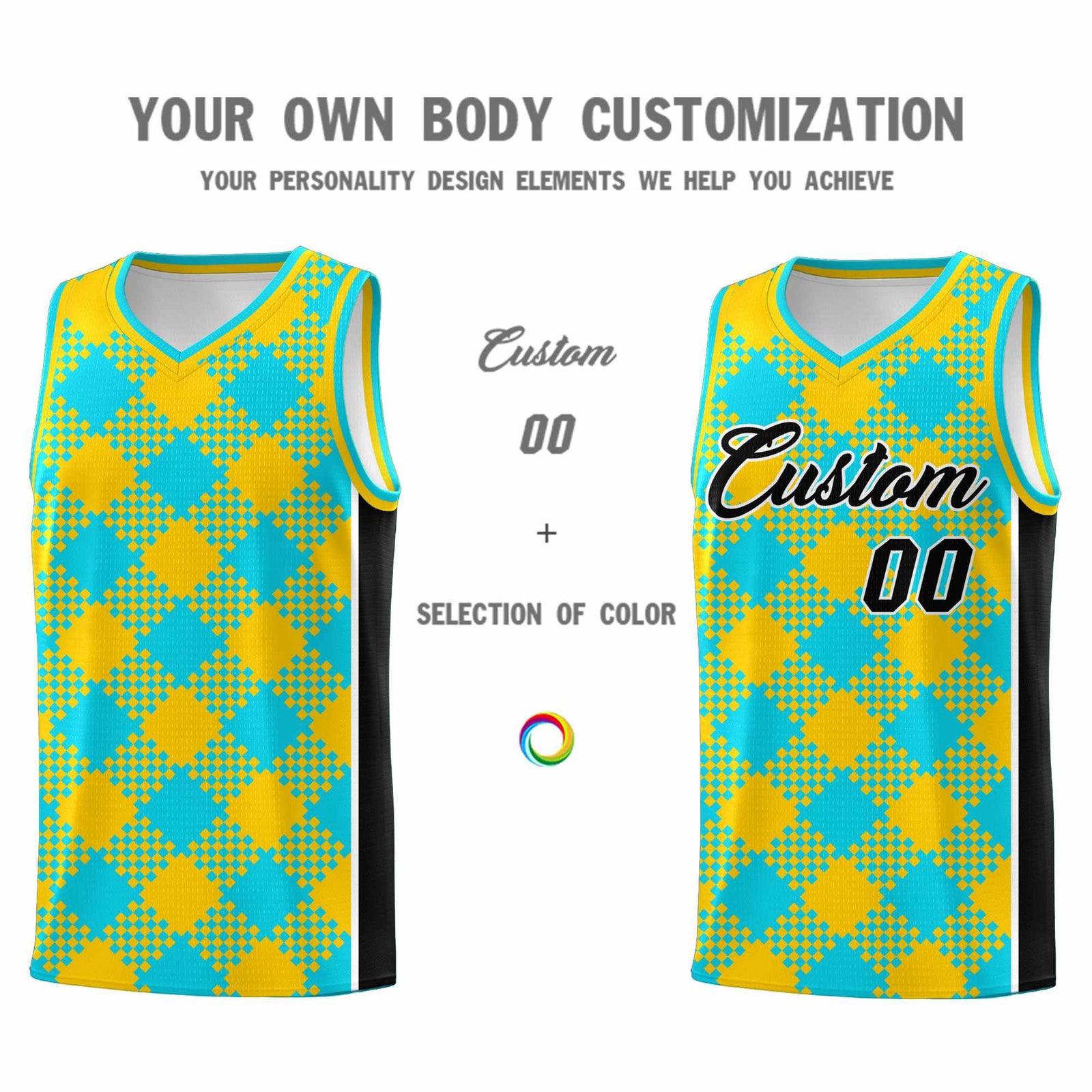 Personalized Sky Blue Gold-Black Grid Basketball Kits