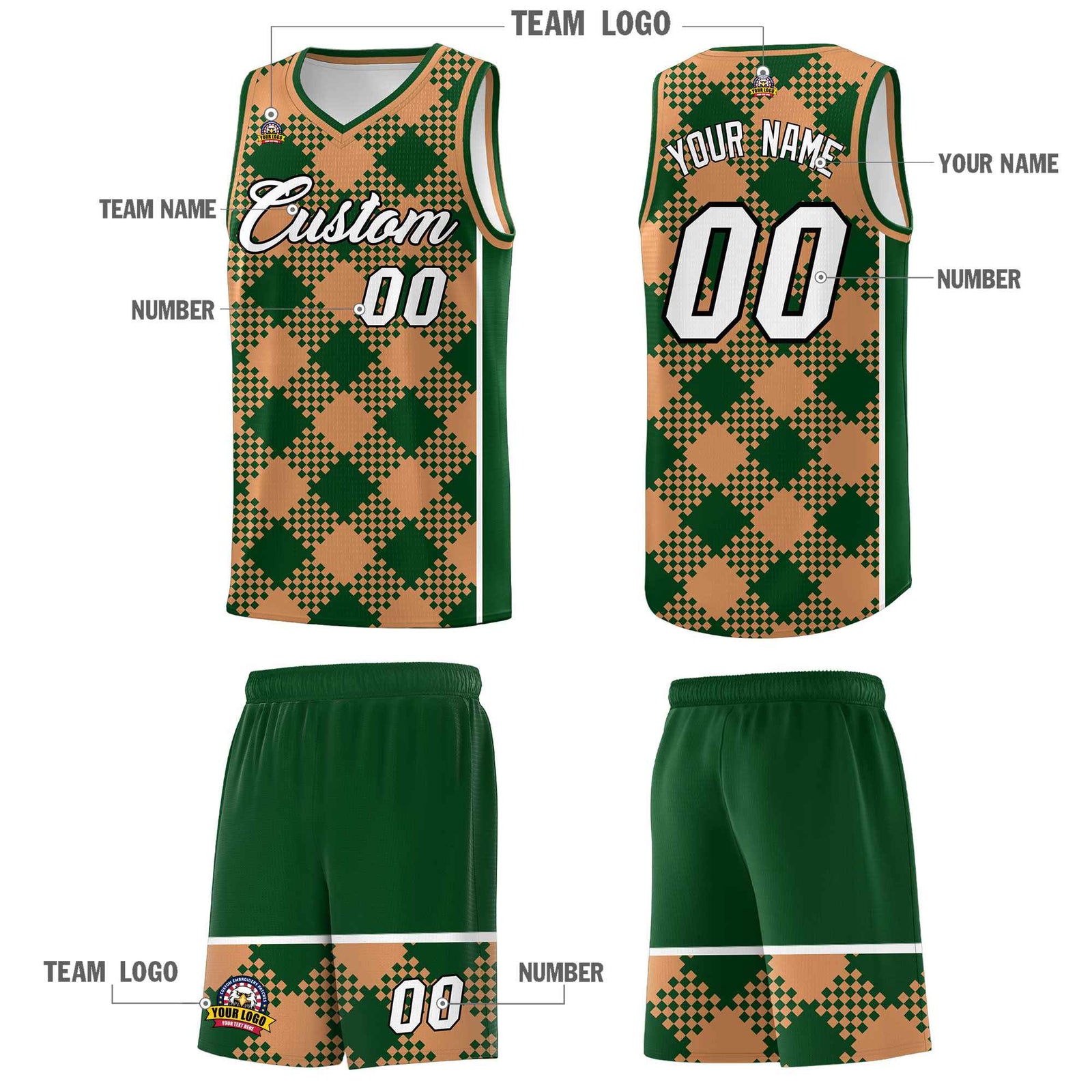 Personalized Green Buckskin Brown-White Grid Basketball Kits