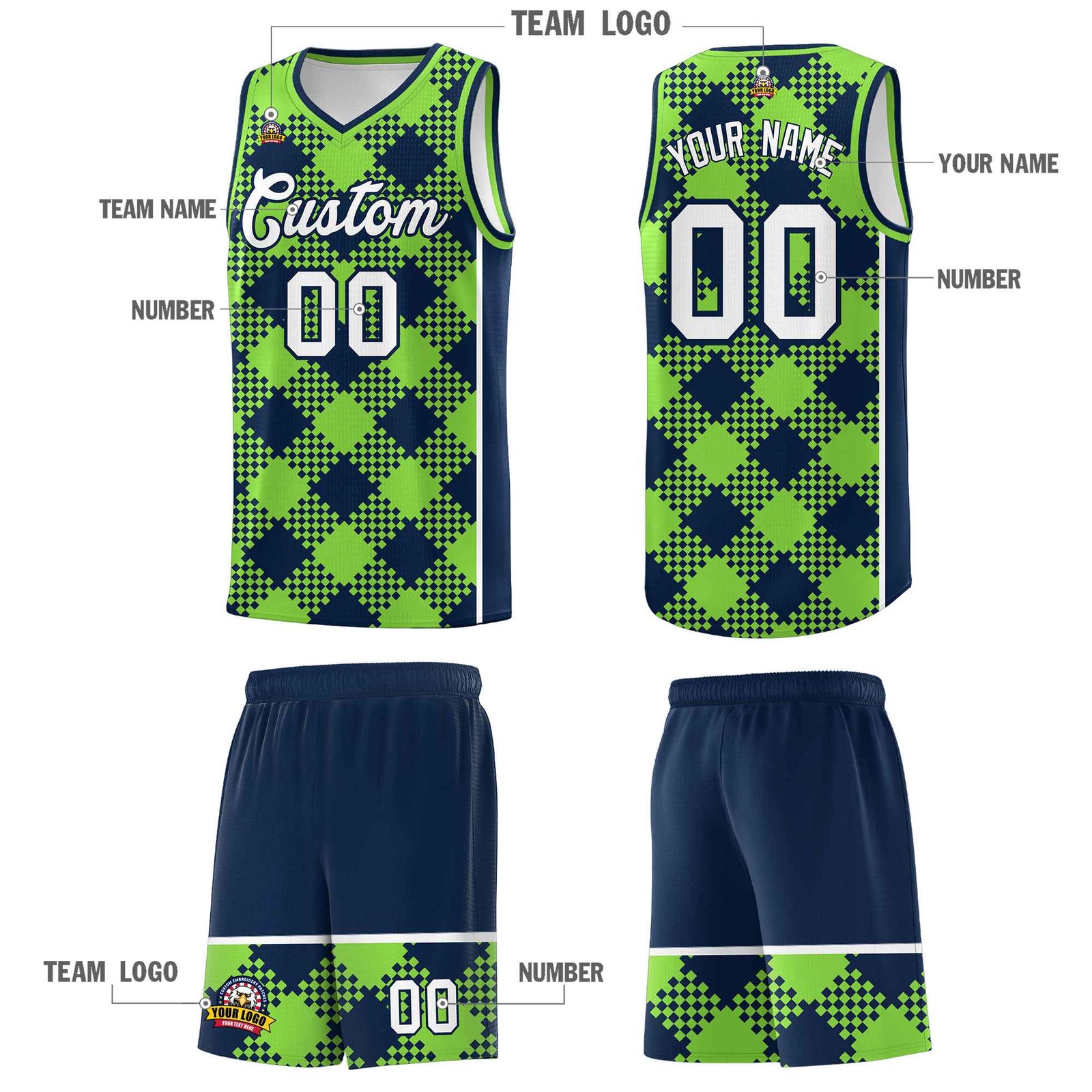 Personalized Fluorescent Green Navy-White Grid Basketball Kits