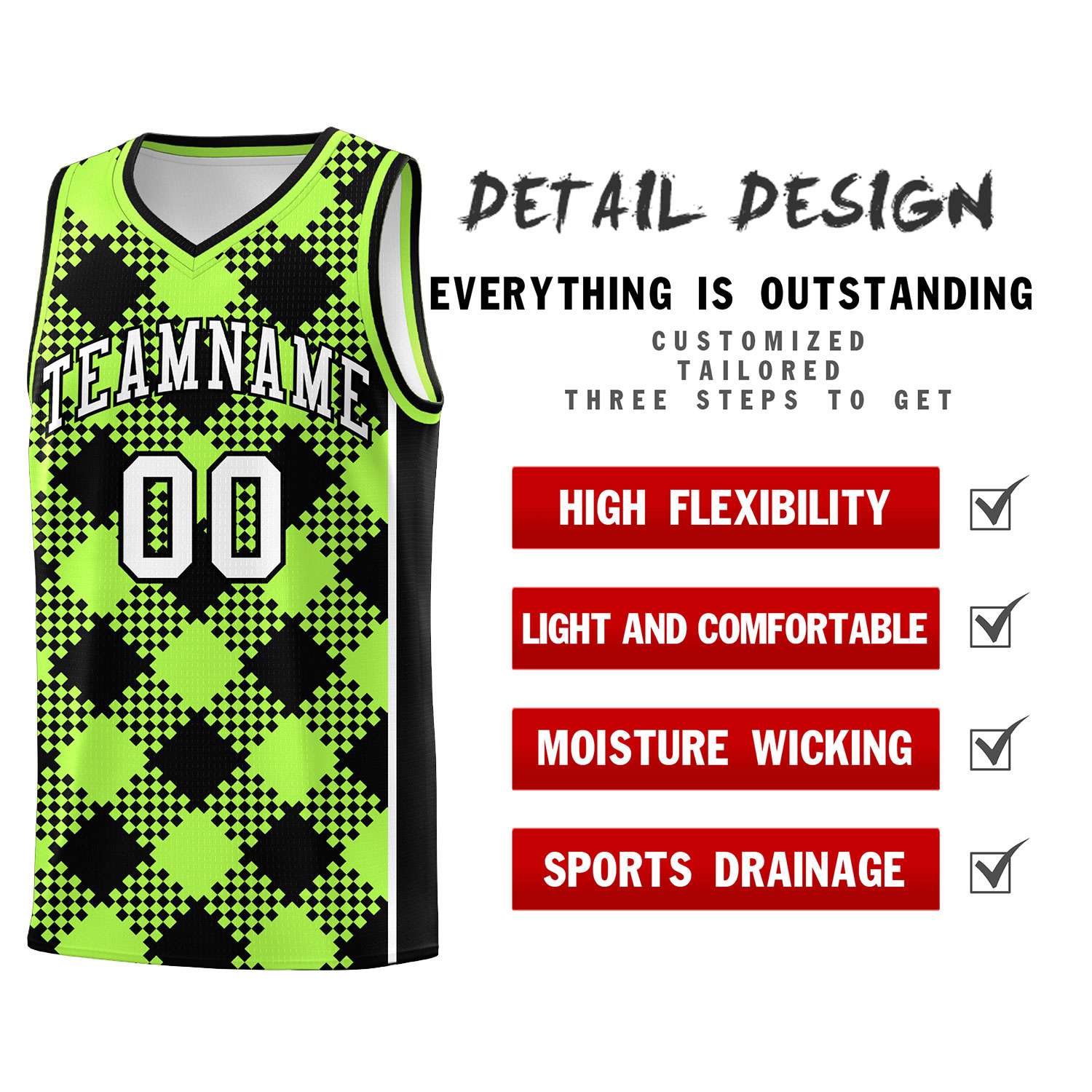 Personalized Fluorescent Green Black-White Grid Basketball Kits
