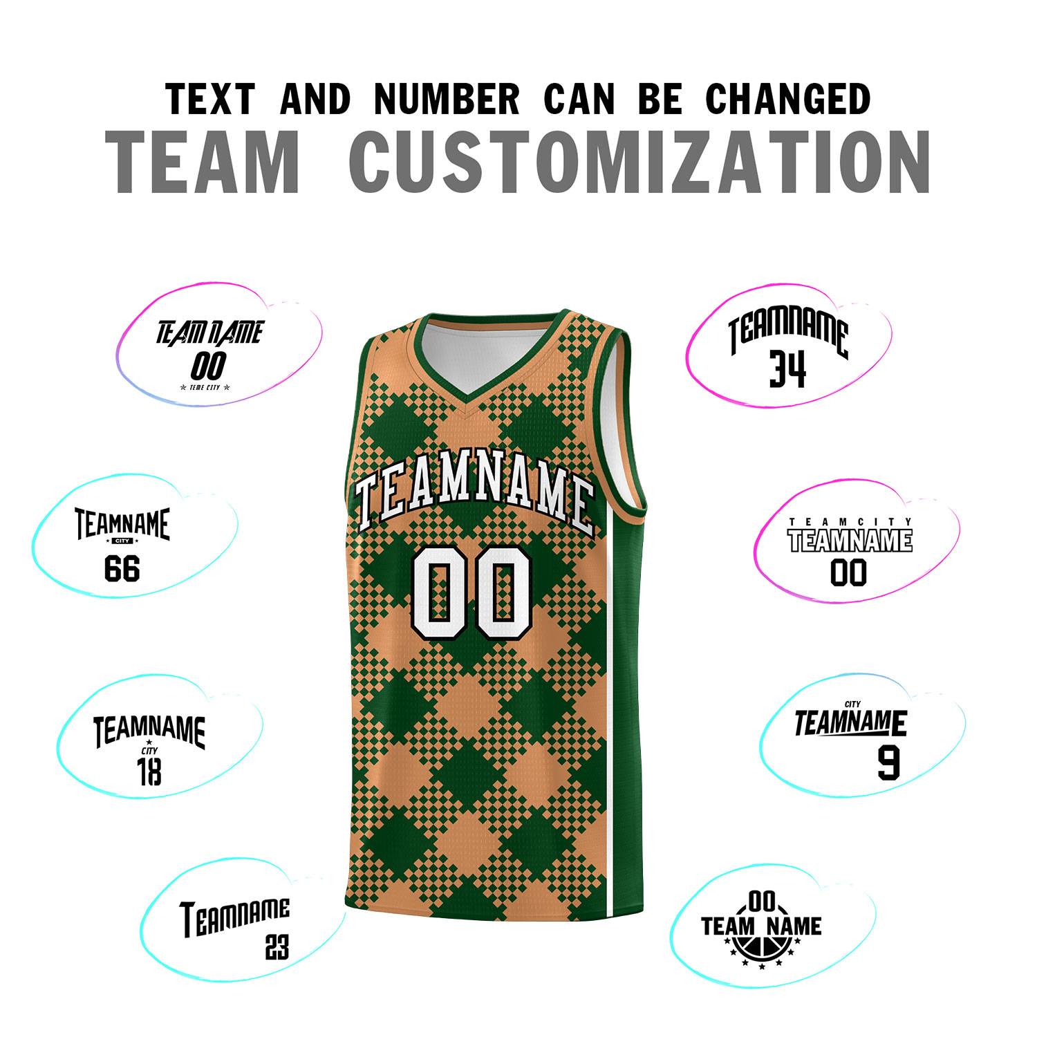 Personalized Green Buckskin Brown-White Grid Basketball Kits