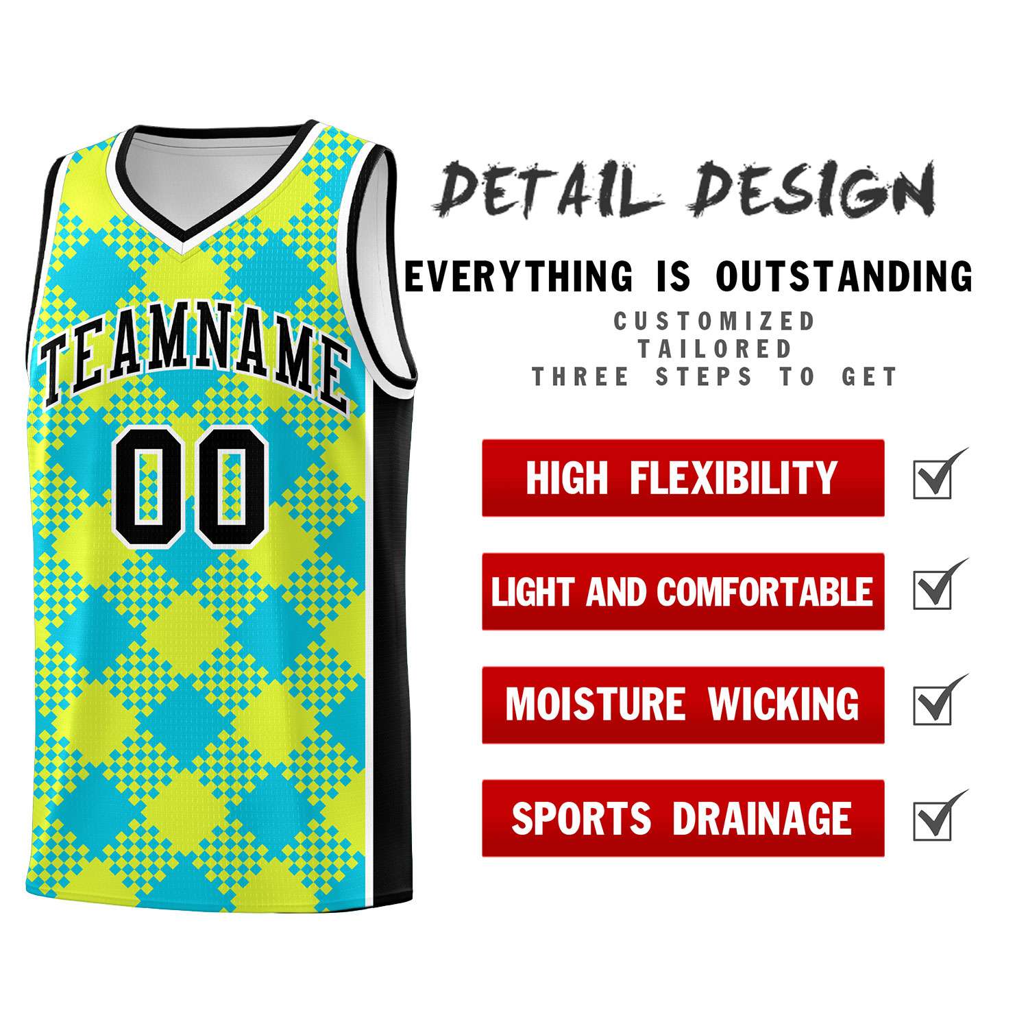 Personalized Sky Blue Fluorescent Green-White Grid Basketball Kits