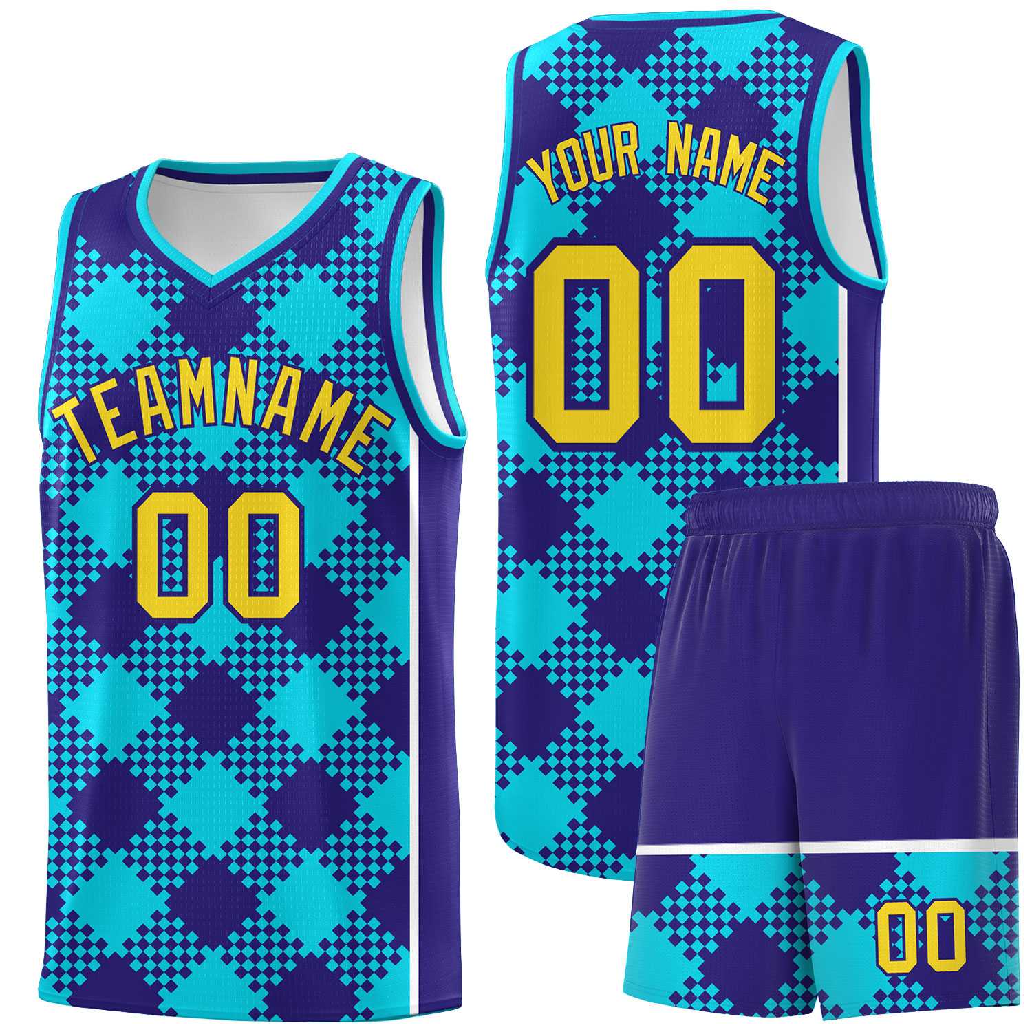 Personalized Royal White-Sky Blue Grid Basketball Kits