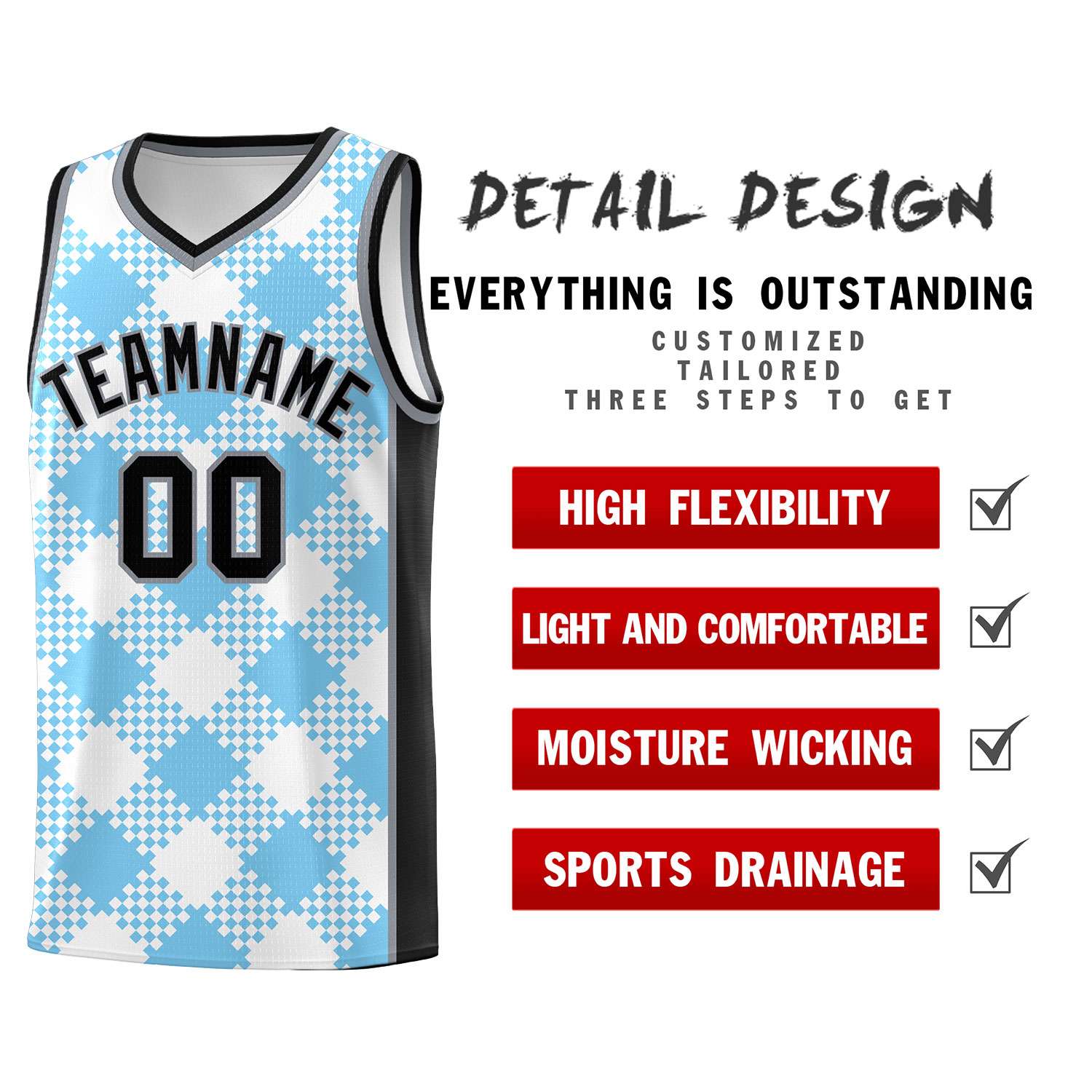 Personalized Light Blue White-Black Grid Basketball Kits