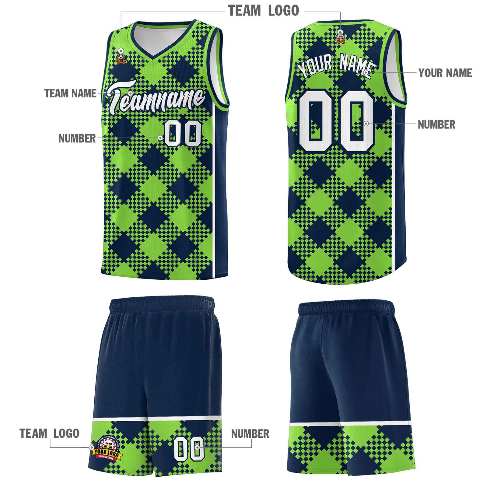 Personalized Fluorescent Green Navy-White Grid Basketball Kits