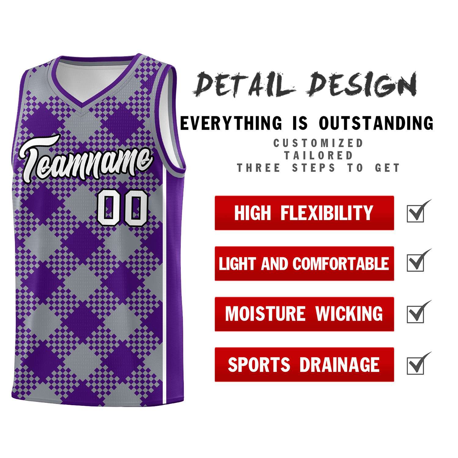 Personalized Gray Purple-White Grid Basketball Kits