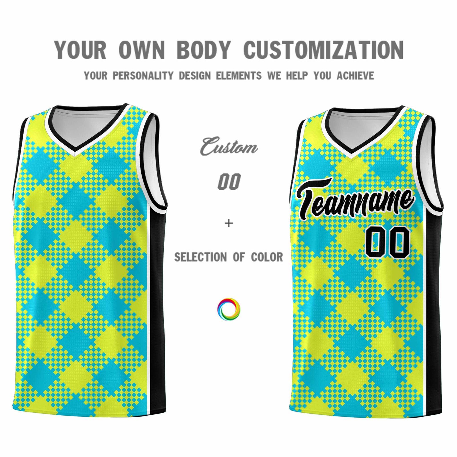 Personalized Sky Blue Fluorescent Green-White Grid Basketball Kits