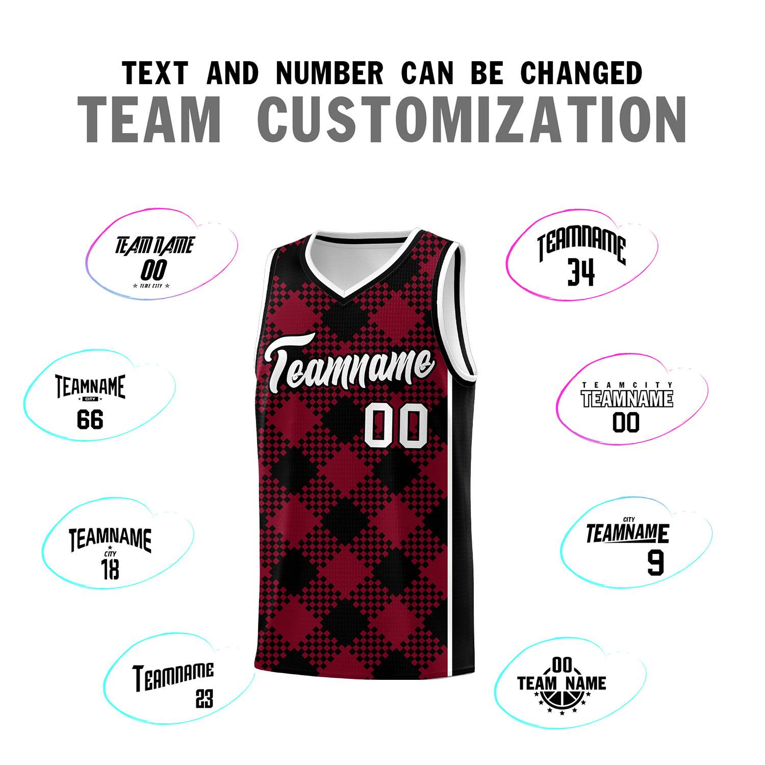 Personalized Crimson Black-White Grid Basketball Kits