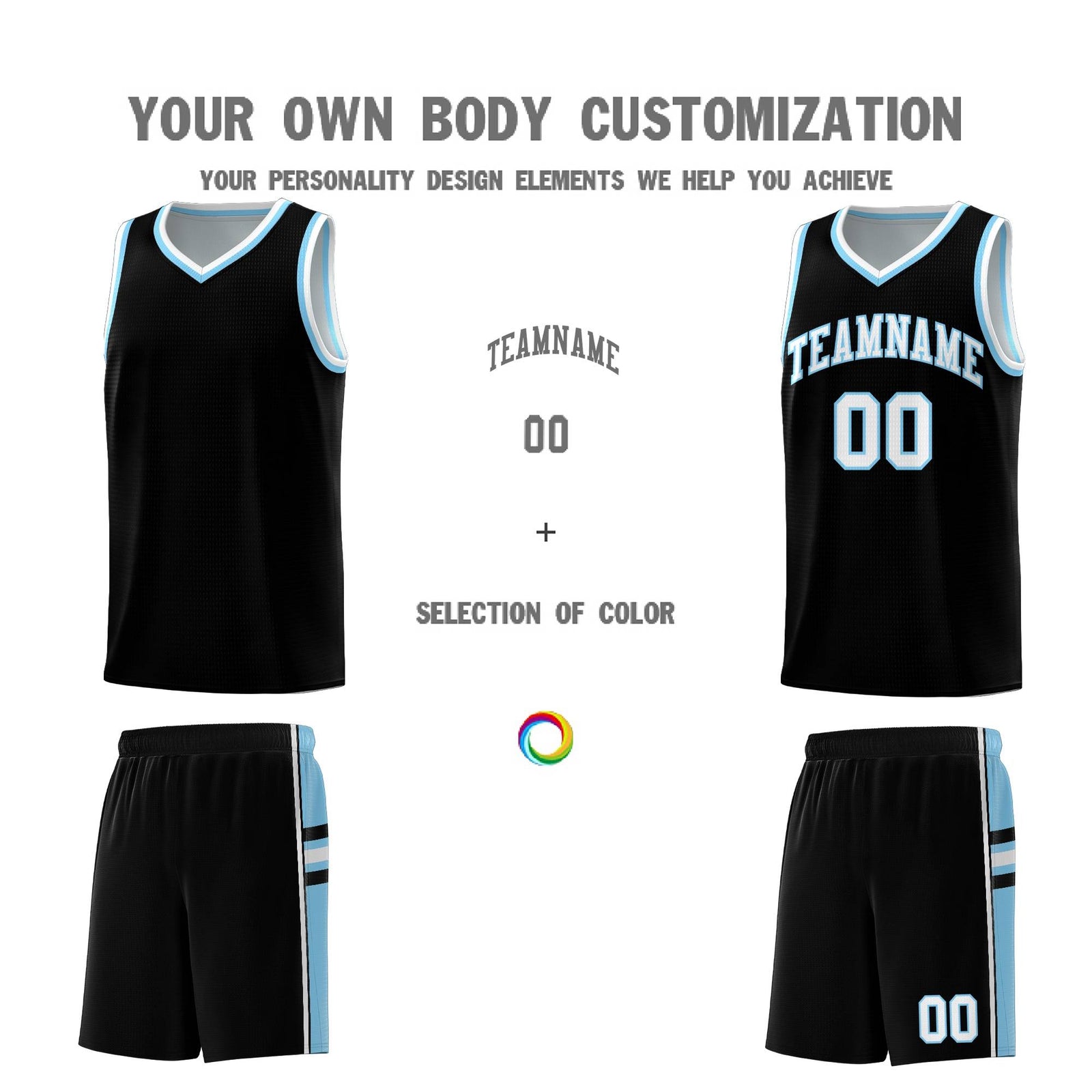 Custom Youth Basketball Jersey - Black Light Blue Two-Tone Classic Varsity Uniform
