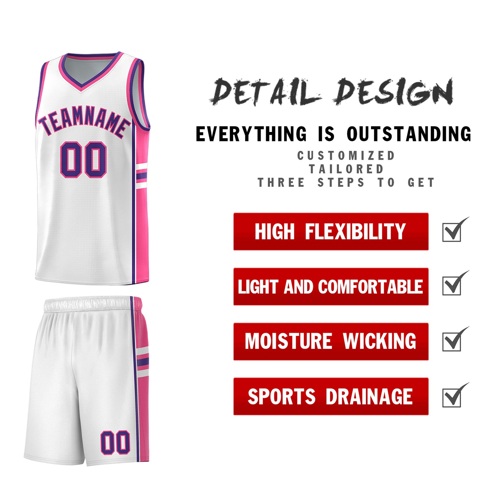 Custom Youth Basketball Jersey - White Pink Personalized Varsity Two-Tone Uniform