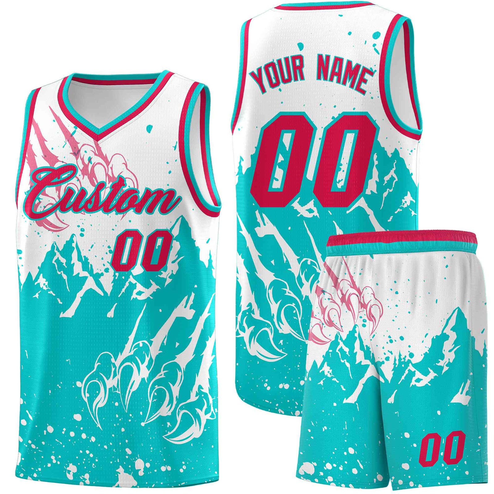 Custom White Aqua Snow Mountain Beast Pattern Sports Uniform Basketball Jersey