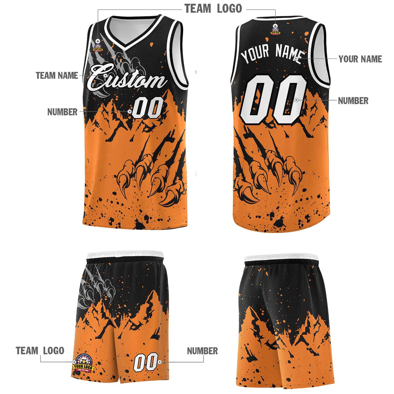 Custom Black Gold Orange Snow Mountain Beast Pattern Sports Uniform Basketball Jersey