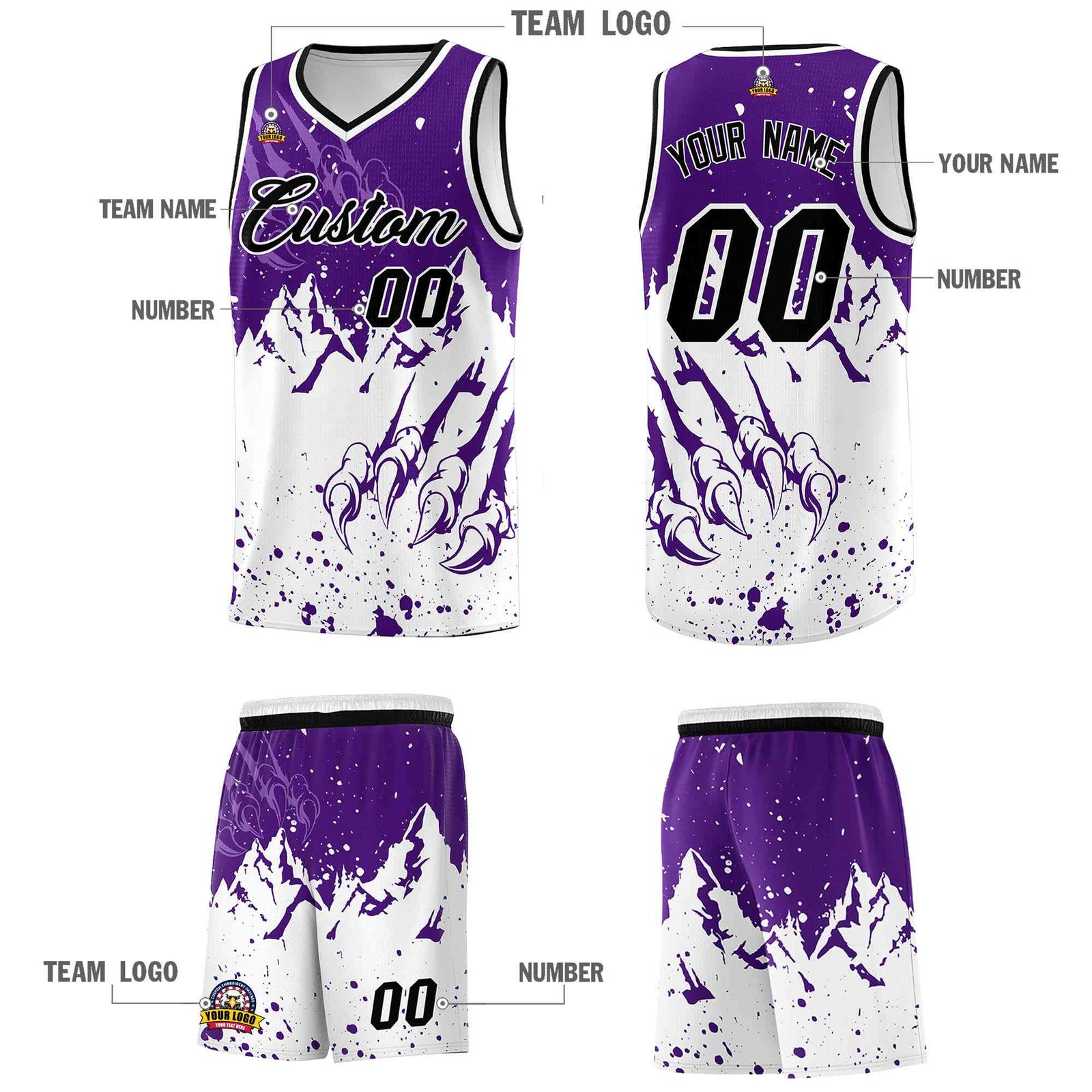 Custom Purple White Snow Mountain Beast Pattern Sports Uniform Basketball Jersey