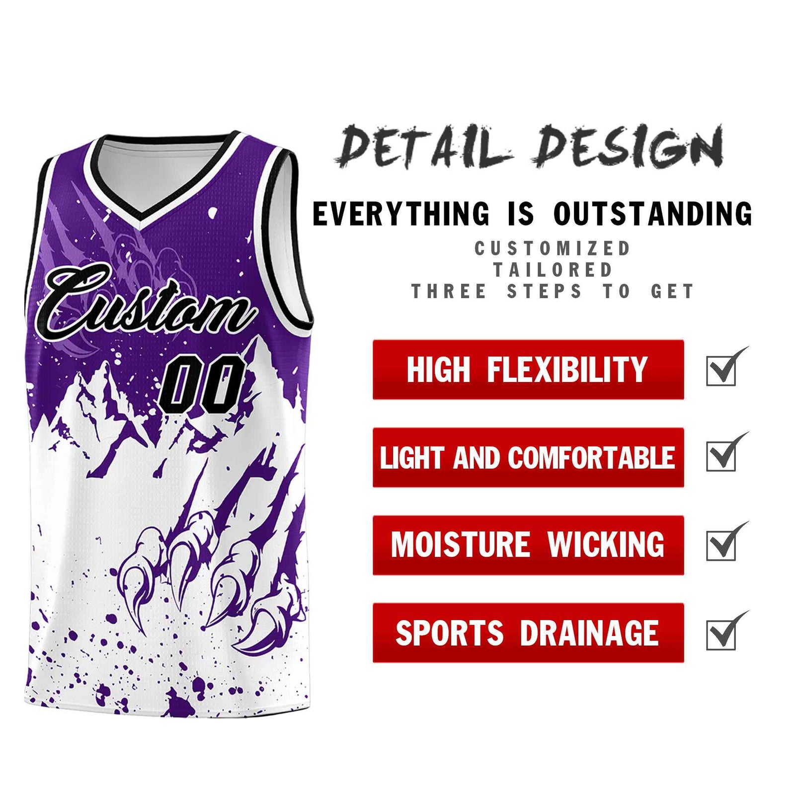 Custom Purple White Snow Mountain Beast Pattern Sports Uniform Basketball Jersey