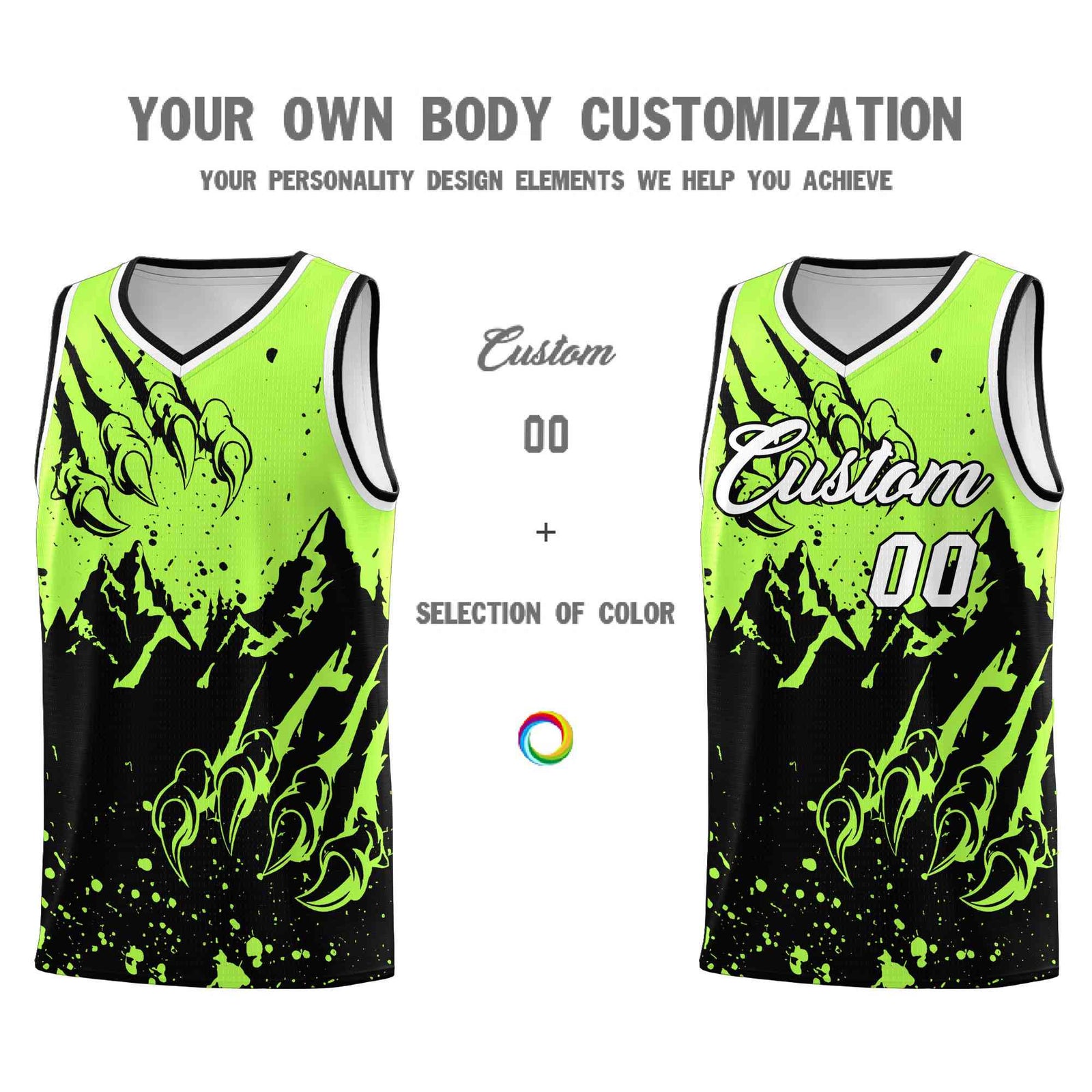 Custom Fluorescent Green Black Snow Mountain Beast Pattern Sports Uniform Basketball Jersey