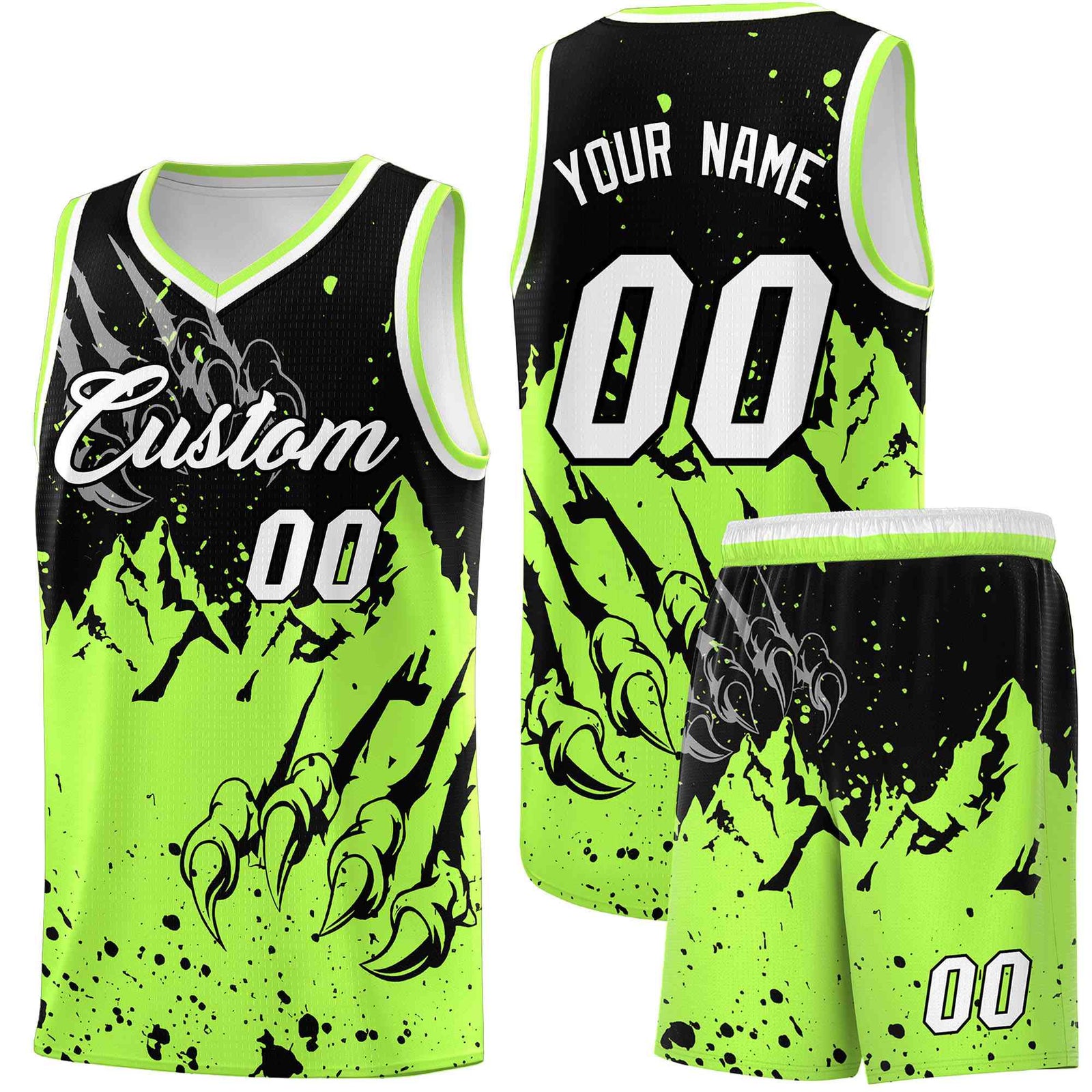 Custom Black Fluorescent Green Snow Mountain Beast Pattern Sports Uniform Basketball Jersey