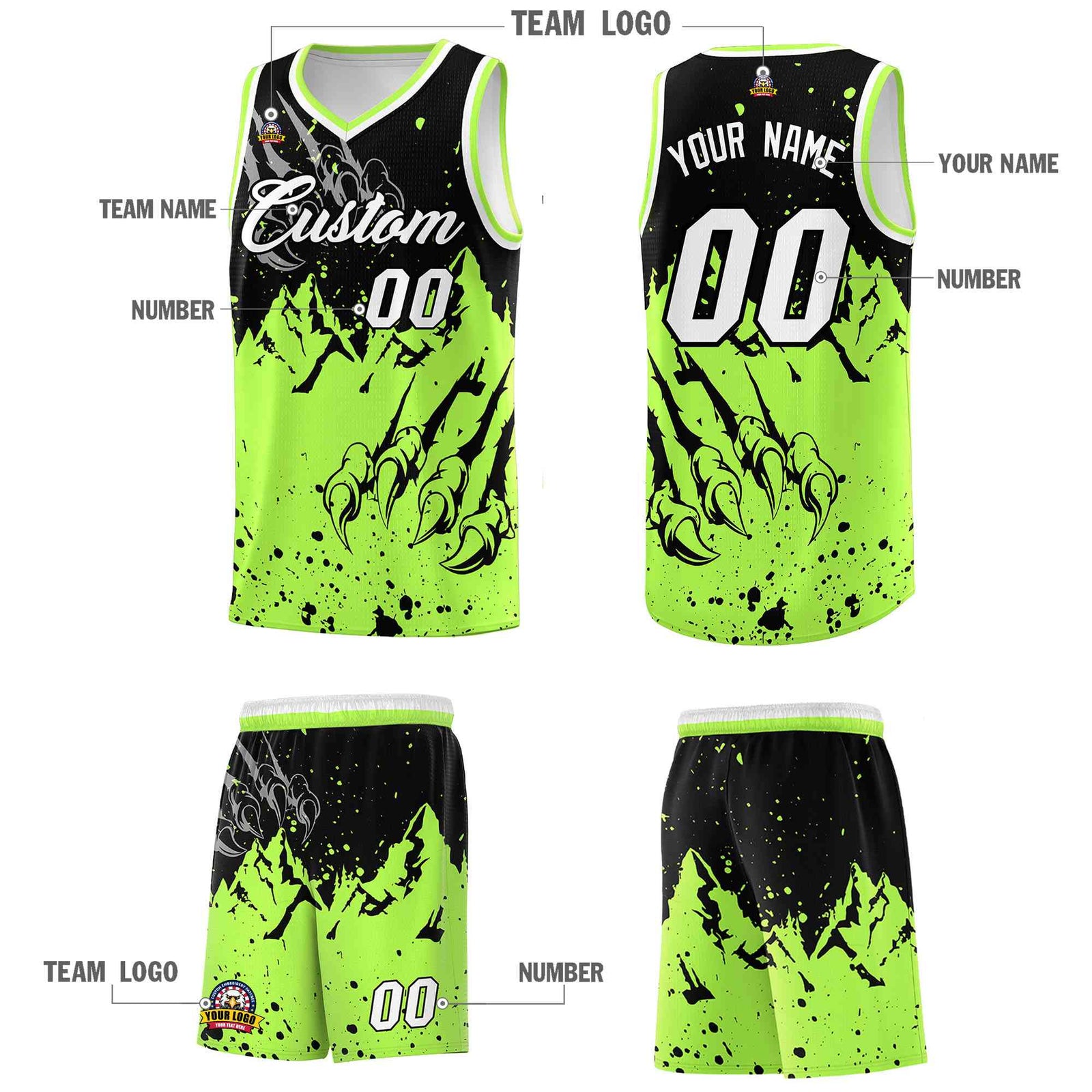 Custom Black Fluorescent Green Snow Mountain Beast Pattern Sports Uniform Basketball Jersey