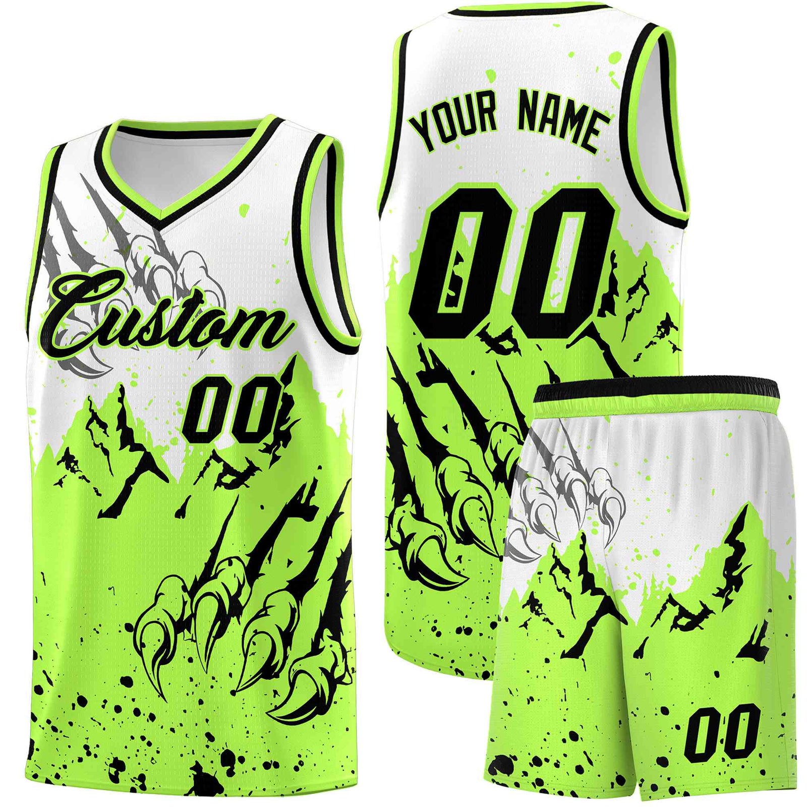 Custom White Fluorescent Green Snow Mountain Beast Pattern Sports Uniform Basketball Jersey