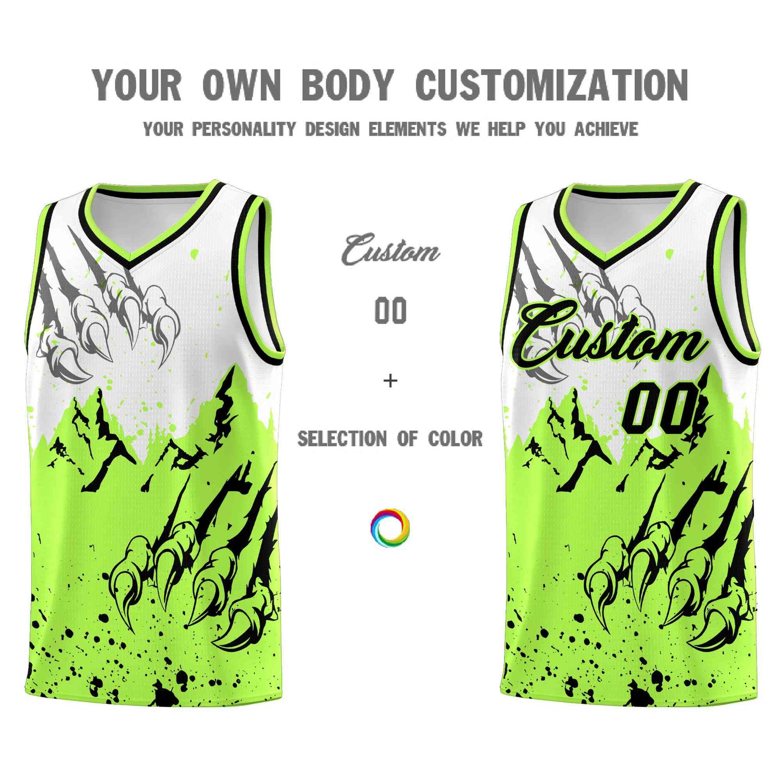 Custom White Fluorescent Green Snow Mountain Beast Pattern Sports Uniform Basketball Jersey