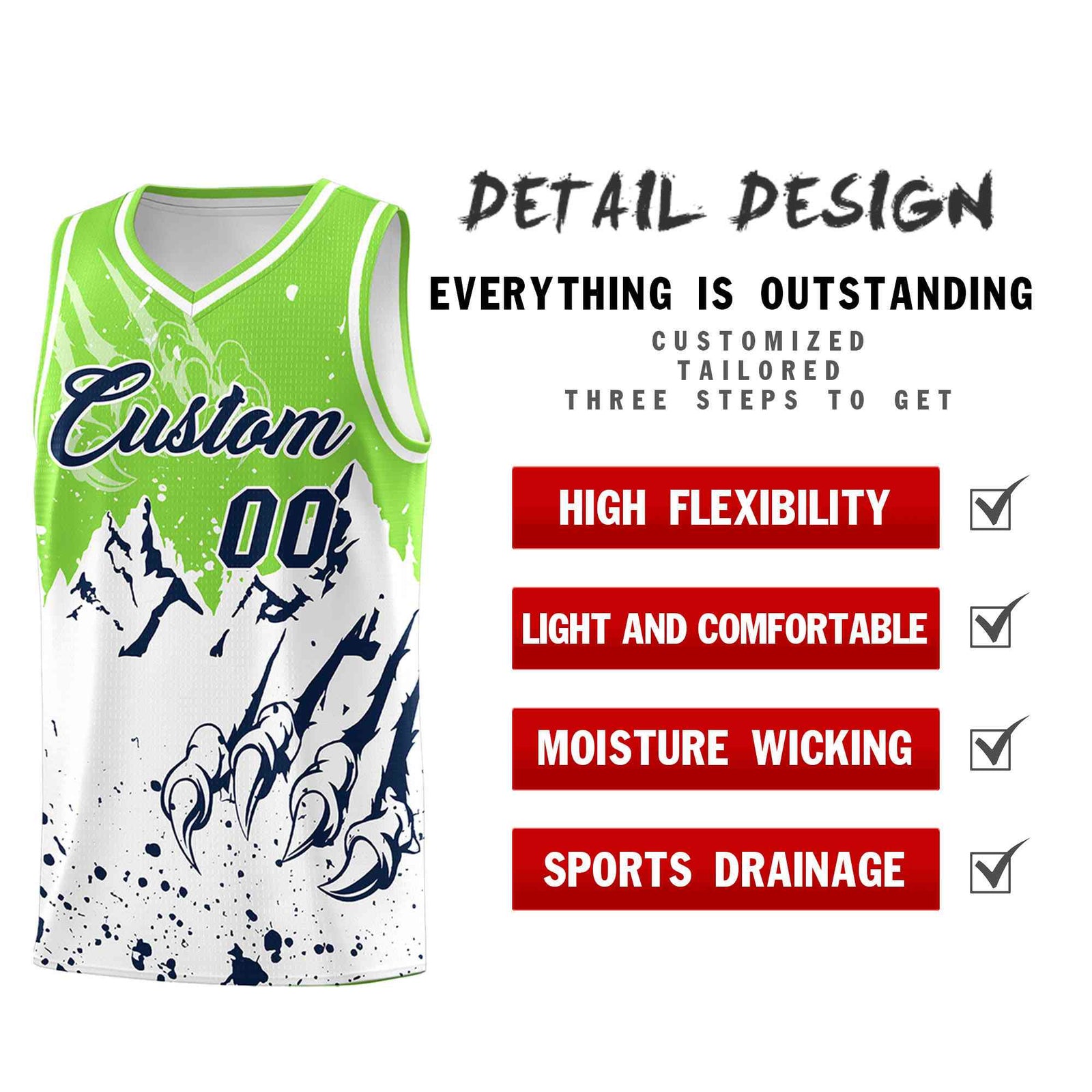 Custom Fluorescent Green White Snow Mountain Beast Pattern Sports Uniform Basketball Jersey