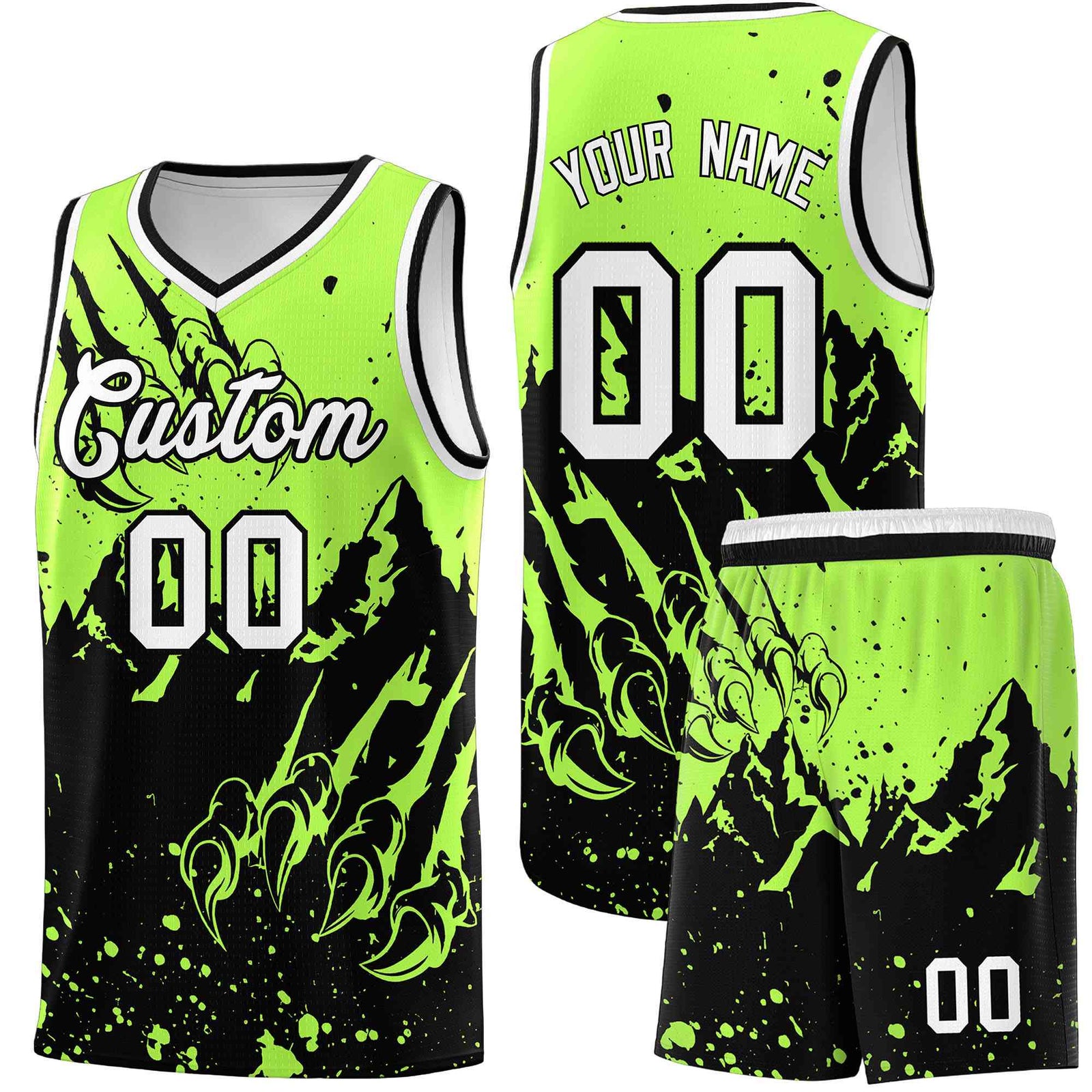 Custom Fluorescent Green Black Snow Mountain Beast Pattern Sports Uniform Basketball Jersey| KXKSHOP
