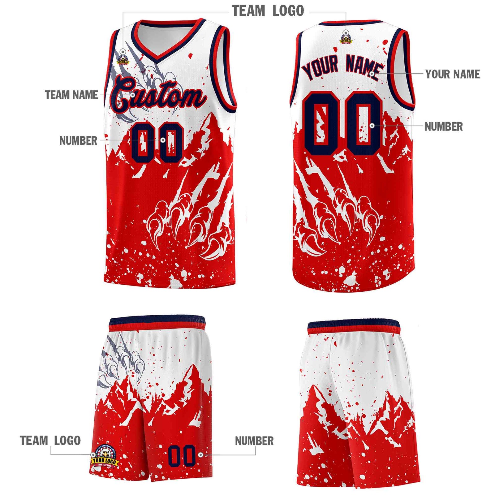 Custom White Red Snow Mountain Beast Pattern Sports Uniform Basketball Jersey| KXKSHOP
