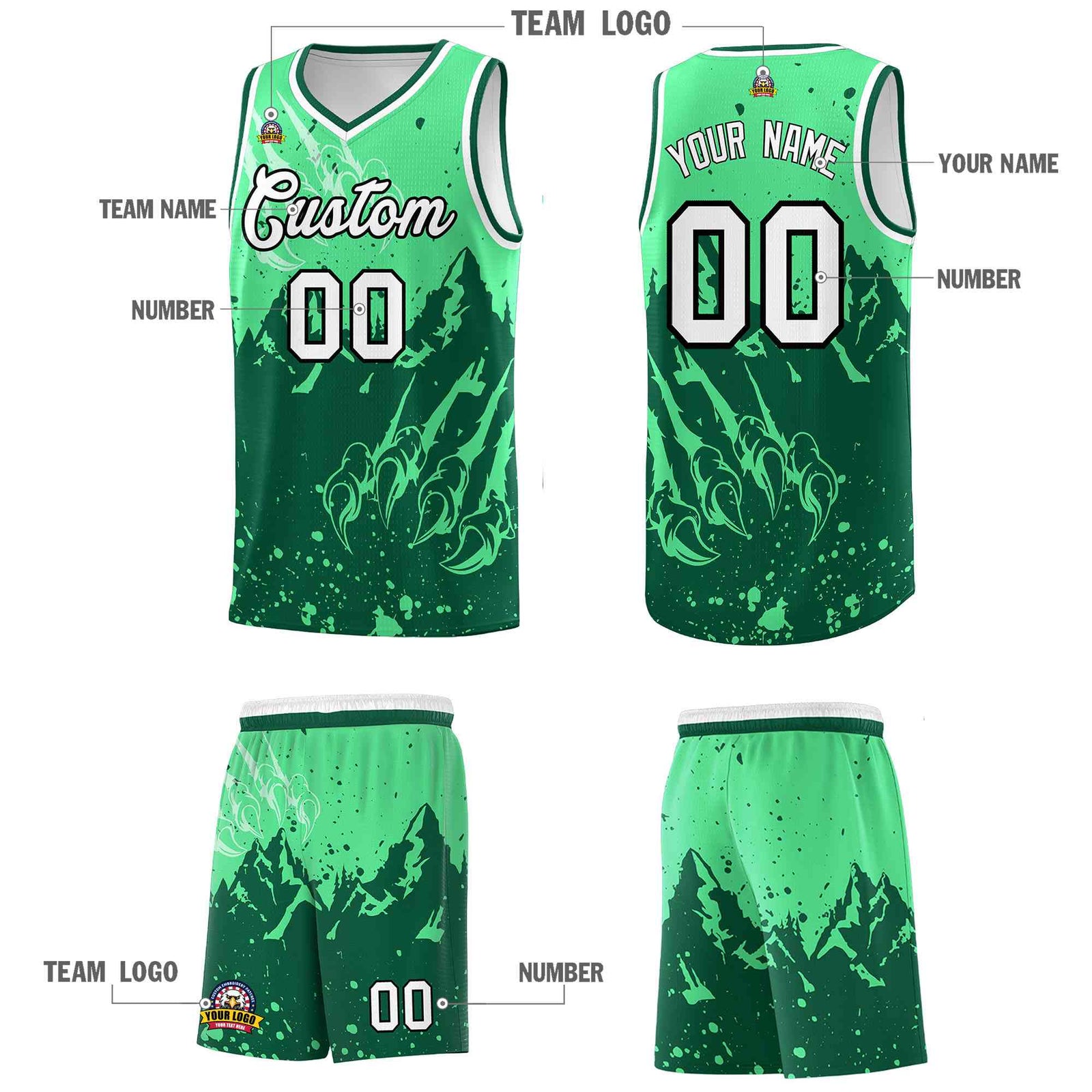 Custom Green Kelly Green Snow Mountain Beast Pattern Sports Uniform Basketball Jersey| KXKSHOP