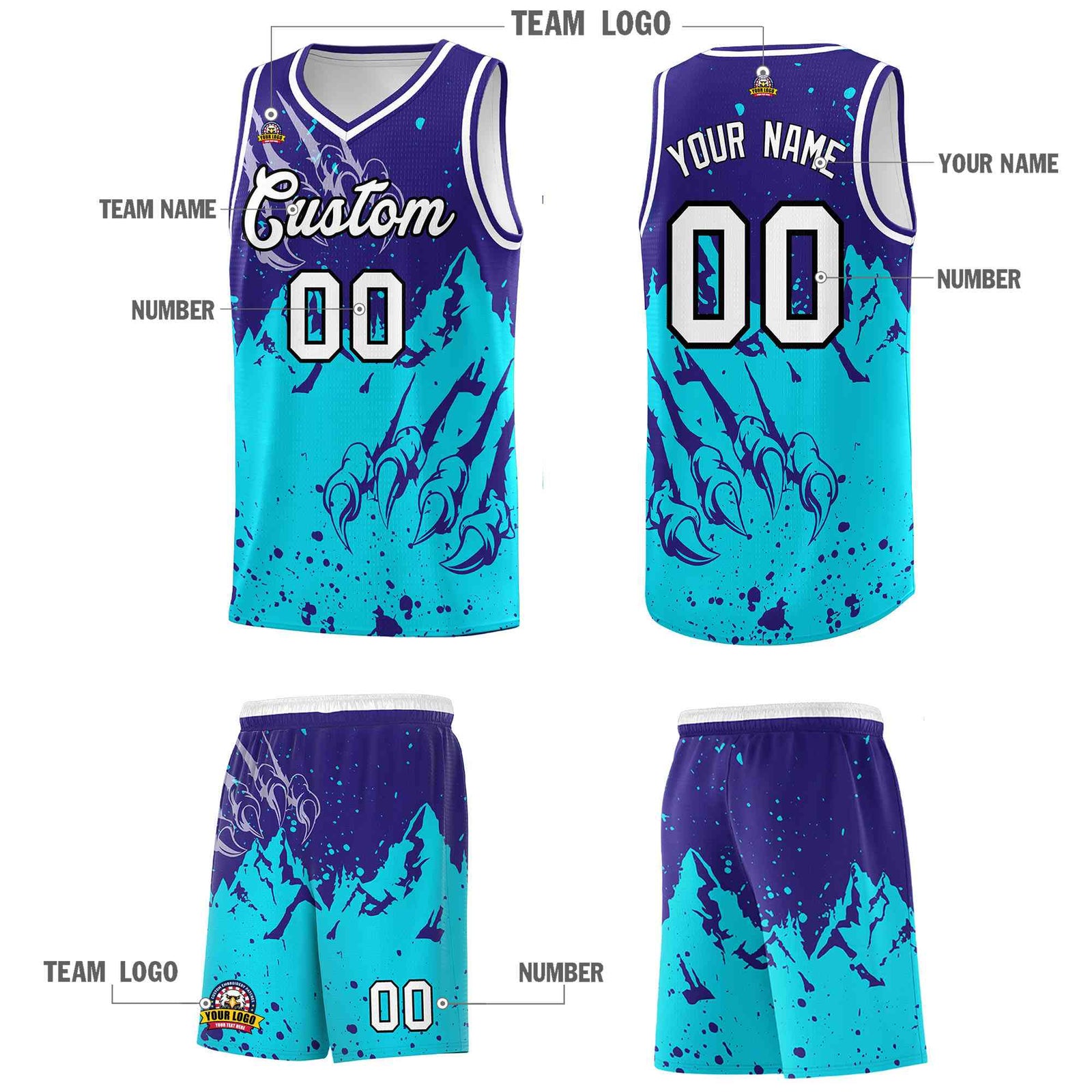 Custom Royal Sky Blue Snow Mountain Beast Pattern Sports Uniform Basketball Jersey