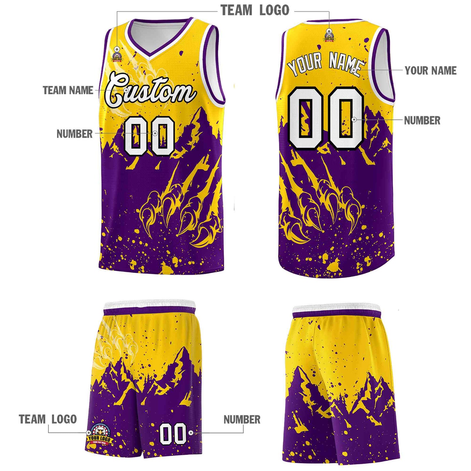 Custom Gold Purple Snow Mountain Beast Pattern Sports Uniform Basketball Jersey| KXKSHOP