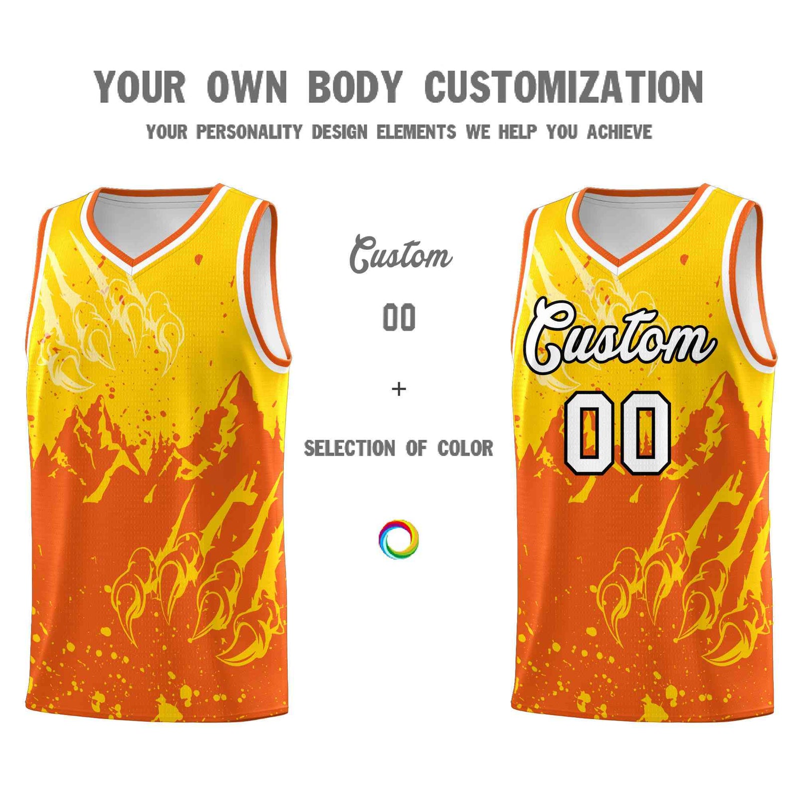 Custom Gold Orange Snow Mountain Beast Pattern Sports Uniform Basketball Jersey| KXKSHOP