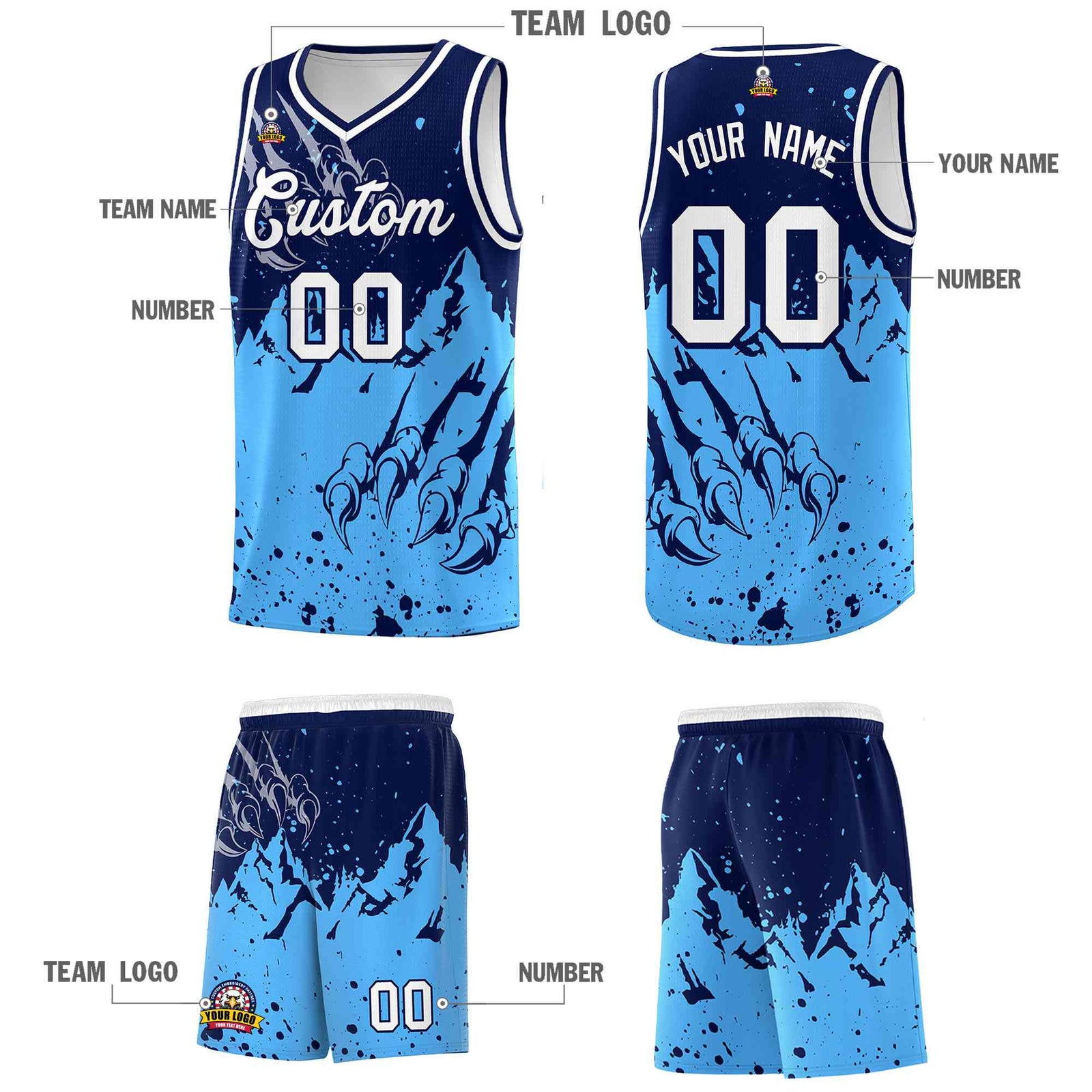 Custom Navy Powder Blue Snow Mountain Beast Pattern Sports Uniform Basketball Jersey| KXKSHOP