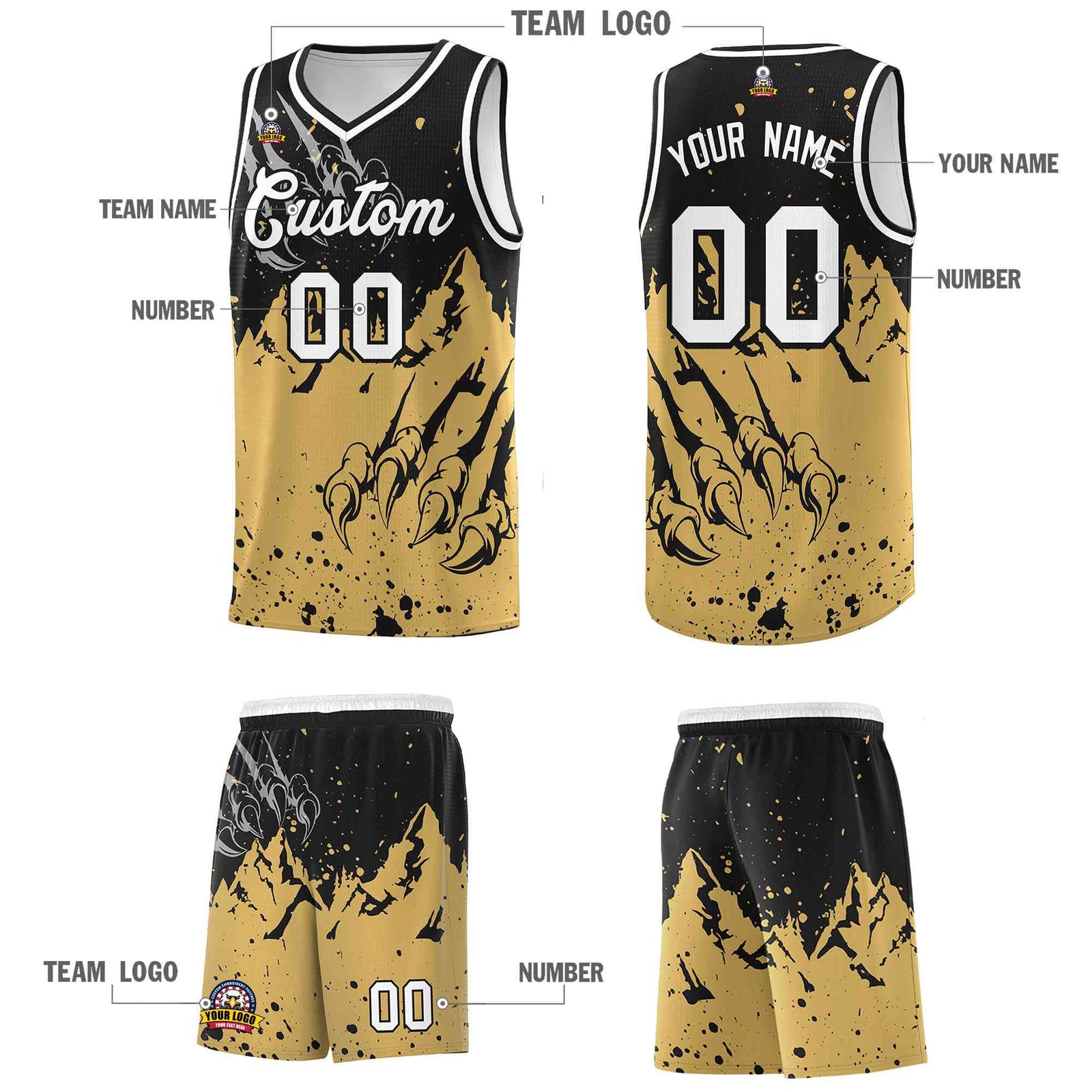 Custom Black Old Gold Snow Mountain Beast Pattern Sports Uniform Basketball Jersey| KXKSHOP